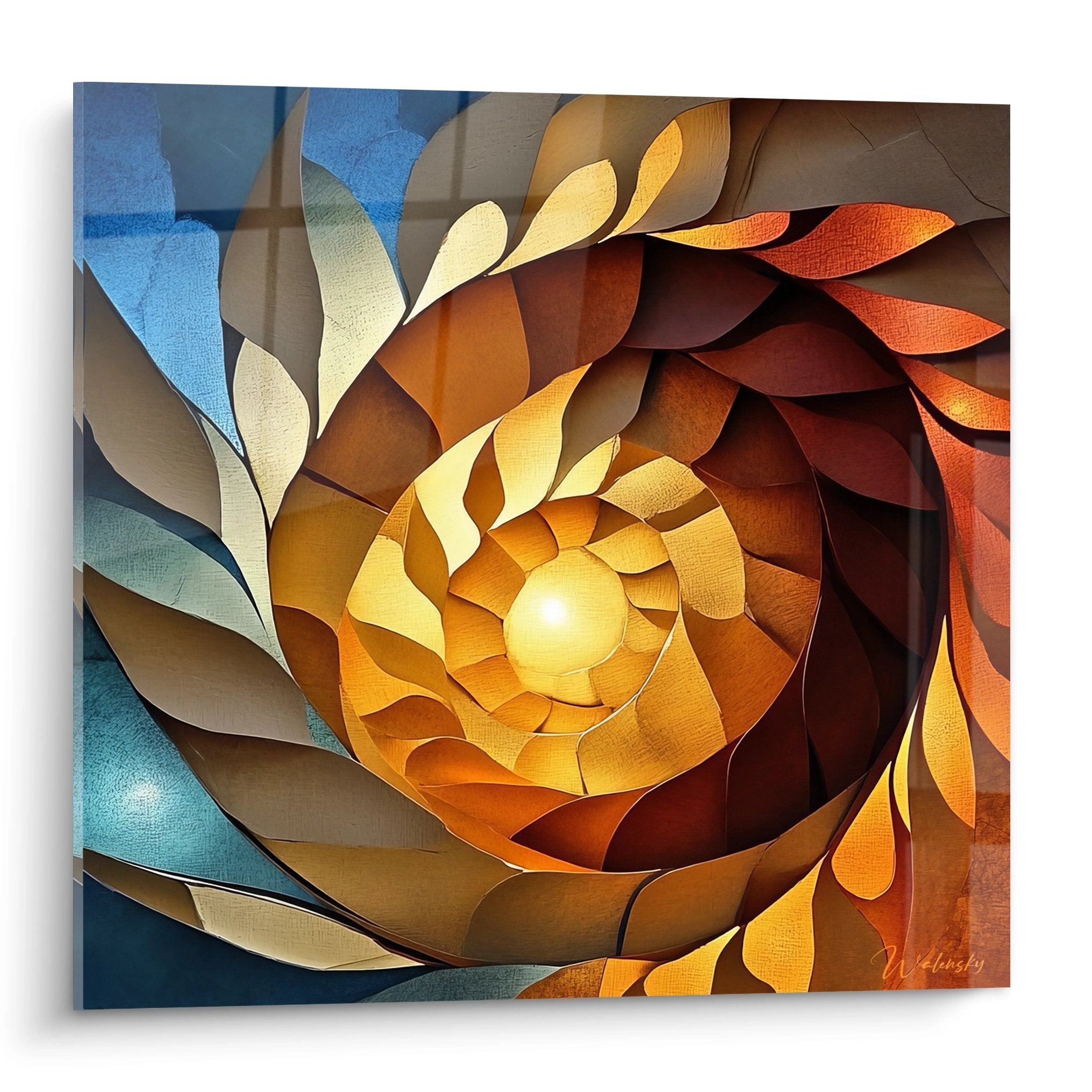 Tableau spirale dorée abstraite avec effet 3D et dégradés de couleurs du bleu au rouge