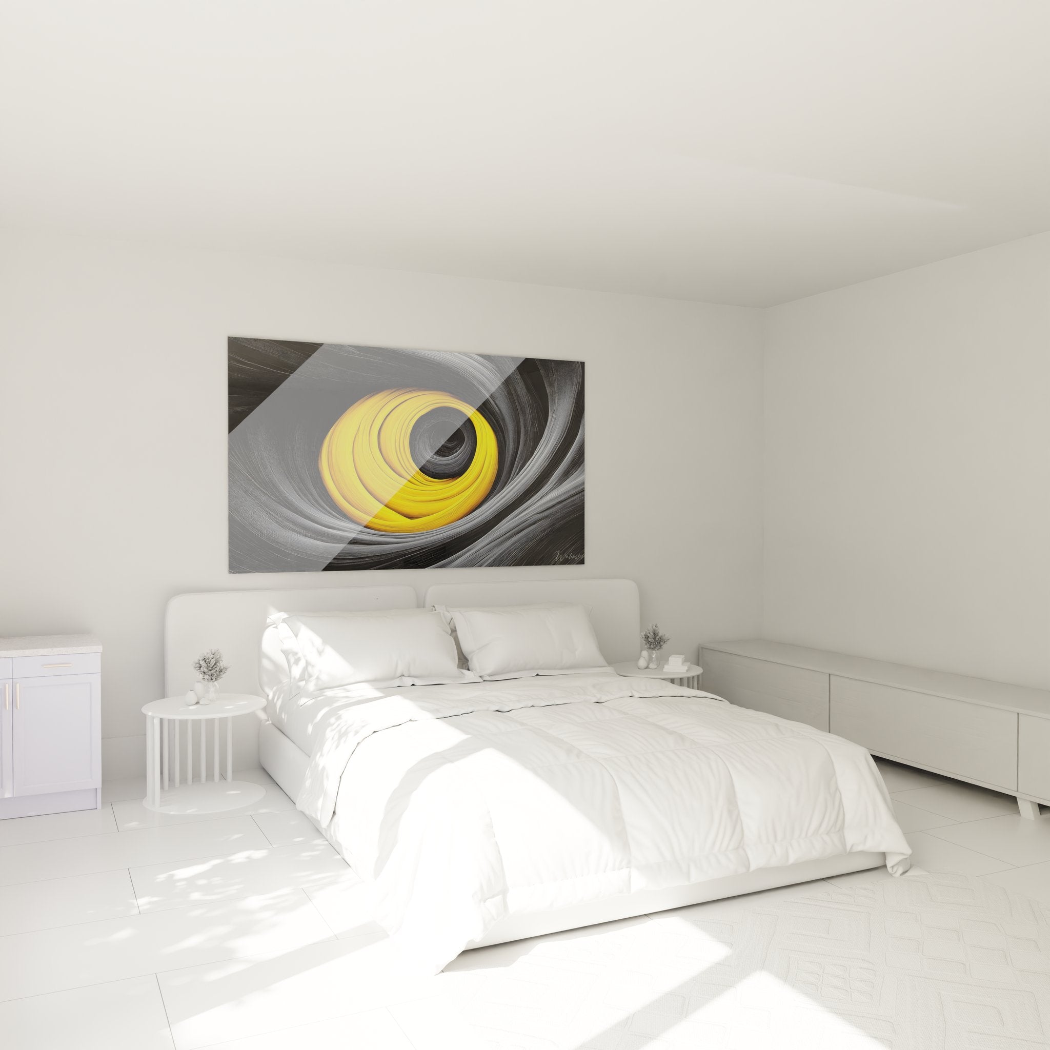 Ambiance chambre avec tableau spirale dorée abstraite au-dessus du lit, décoration murale moderne