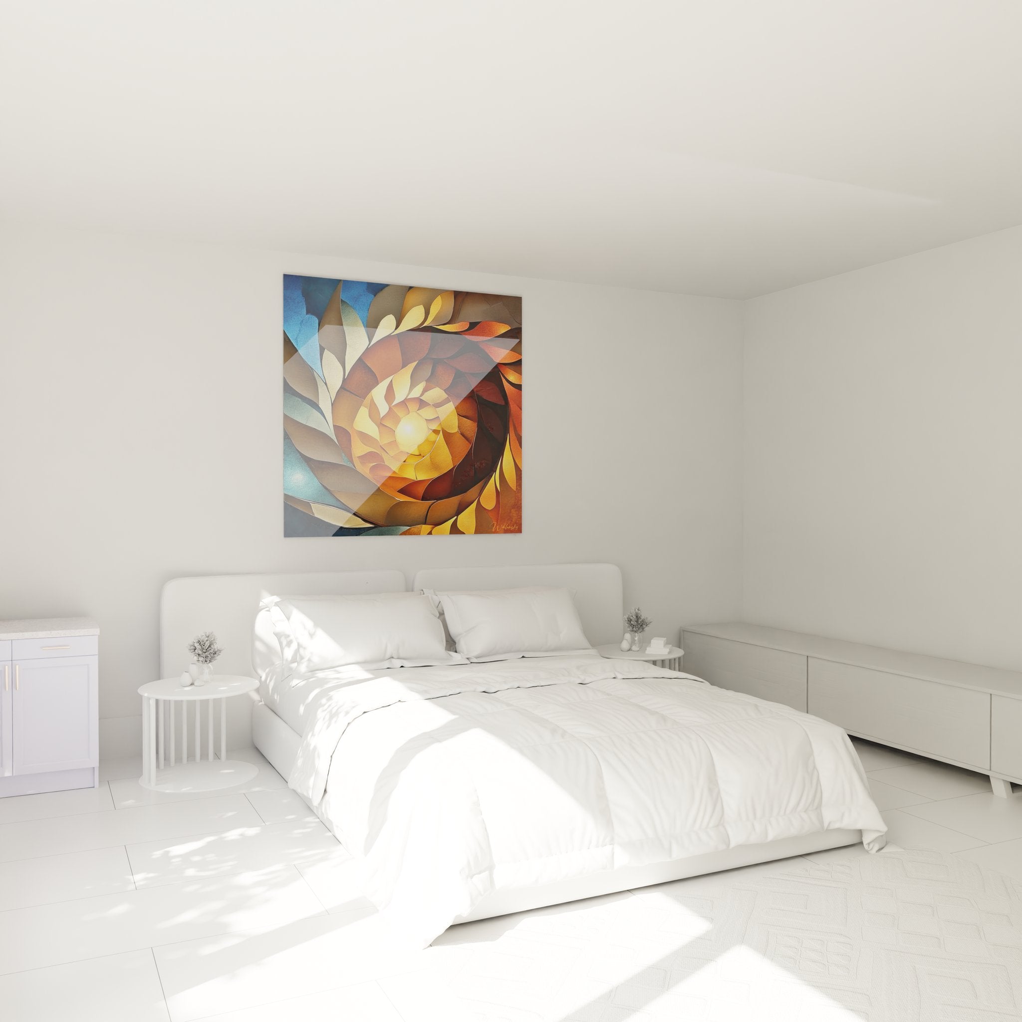 Ambiance chambre avec tableau mural spirale dorée moderne au-dessus du lit