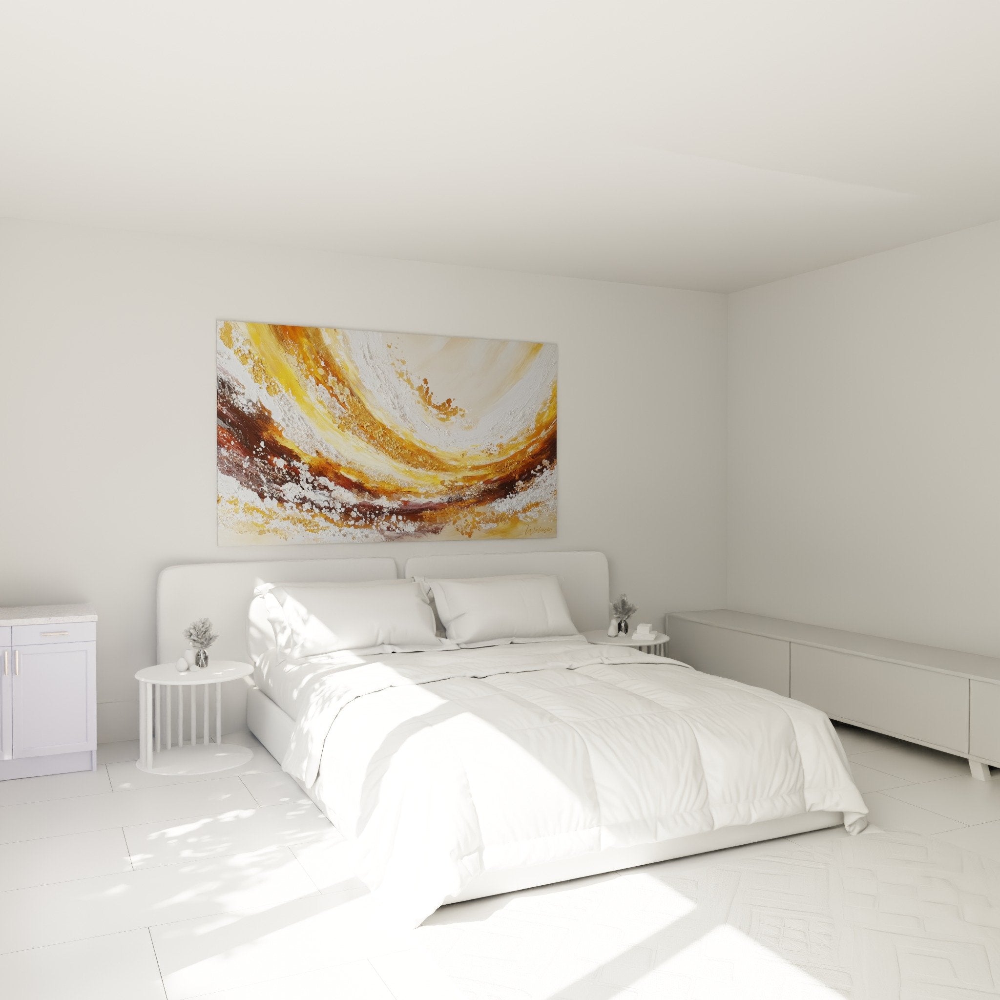 Tableau spirale doree chambre tete de lit marbre abstrait decoration murale blanche caramel