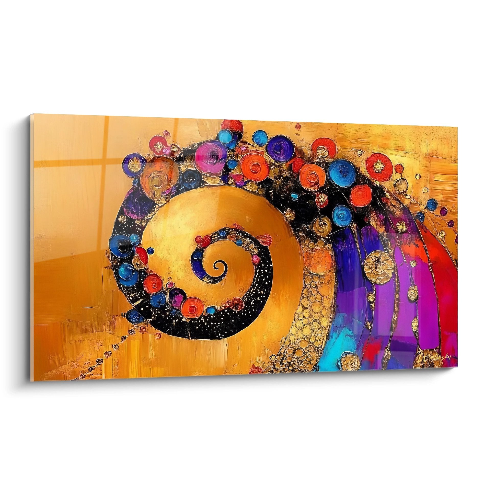 Tableau spirale dorée abstraite avec cercles colorés sur fond orange - art mural moderne
