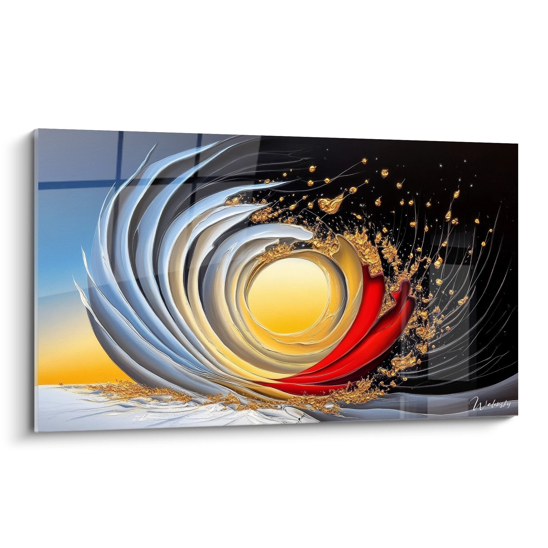 Tableau mural spirale dorée explosive avec vortex lumineux et particules d'or sur fond noir