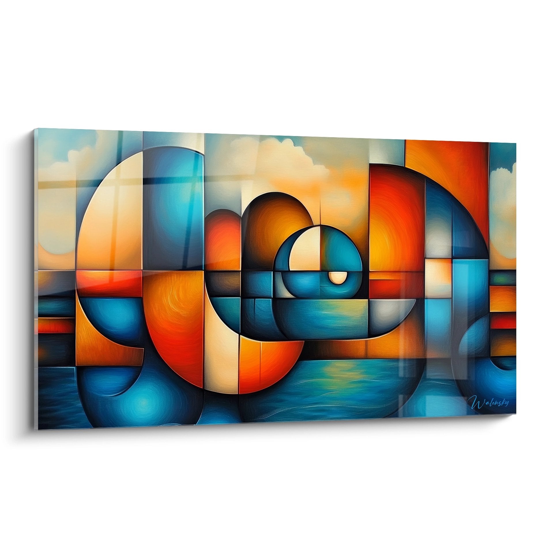 Tableau mural spirale dorée géométrique abstrait aux tons bleus orangés, art moderne sophistiqué