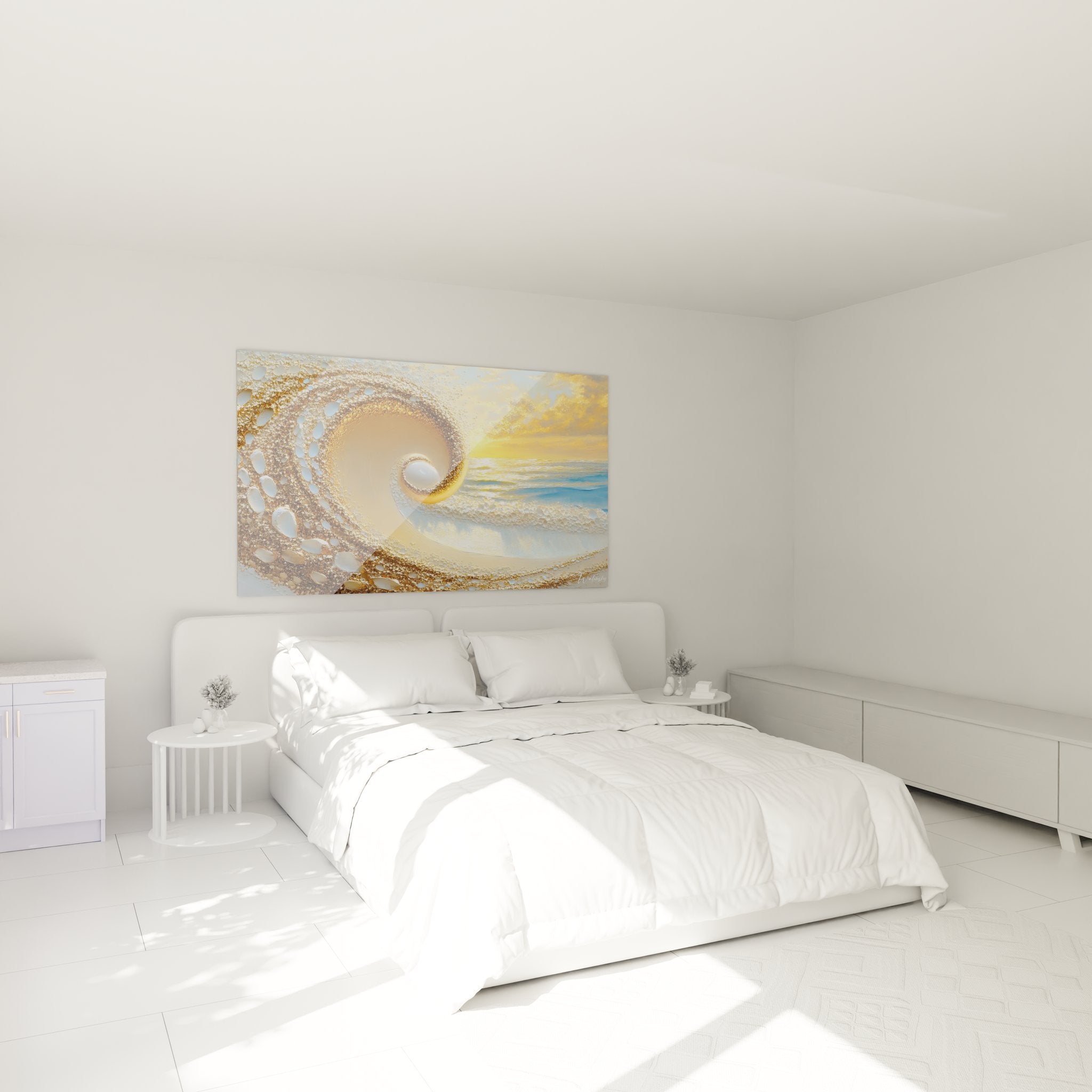 Tableau spirale dorée océan dans chambre moderne, décoration murale vague abstraite dorée ambiance