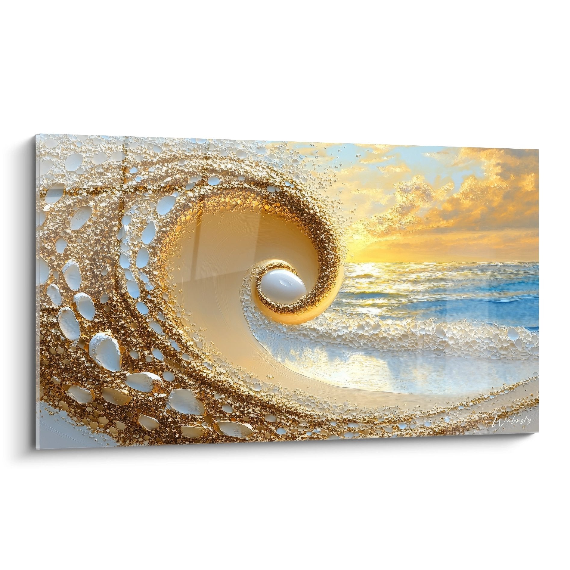 Tableau mural spirale dorée océan avec vague abstraite dorée au coucher de soleil effet 3D moderne