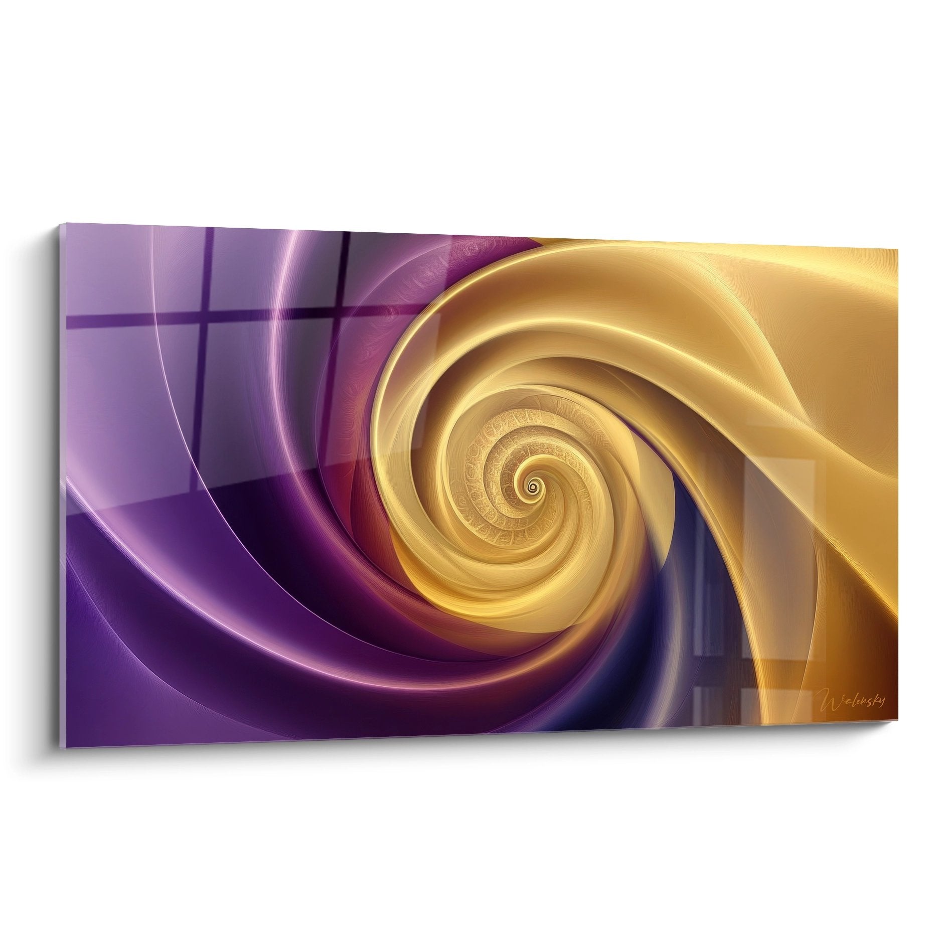 Tableau mural spirale abstraite dorée et violette, vortex hypnotique art moderne contemporain