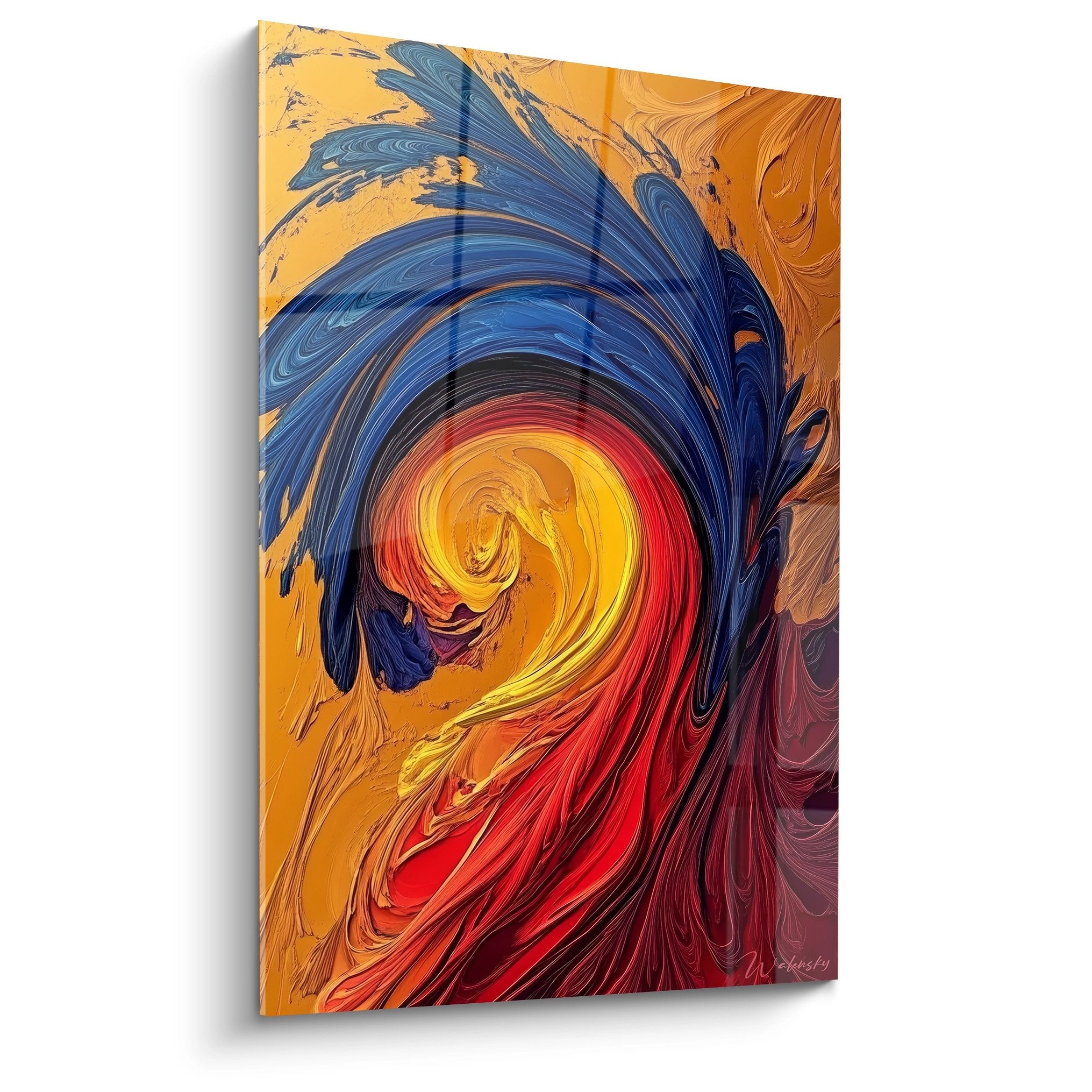 Tableau mural spirale énergétique aux couleurs vives, vortex abstrait bleu rouge doré, art moderne décoratif