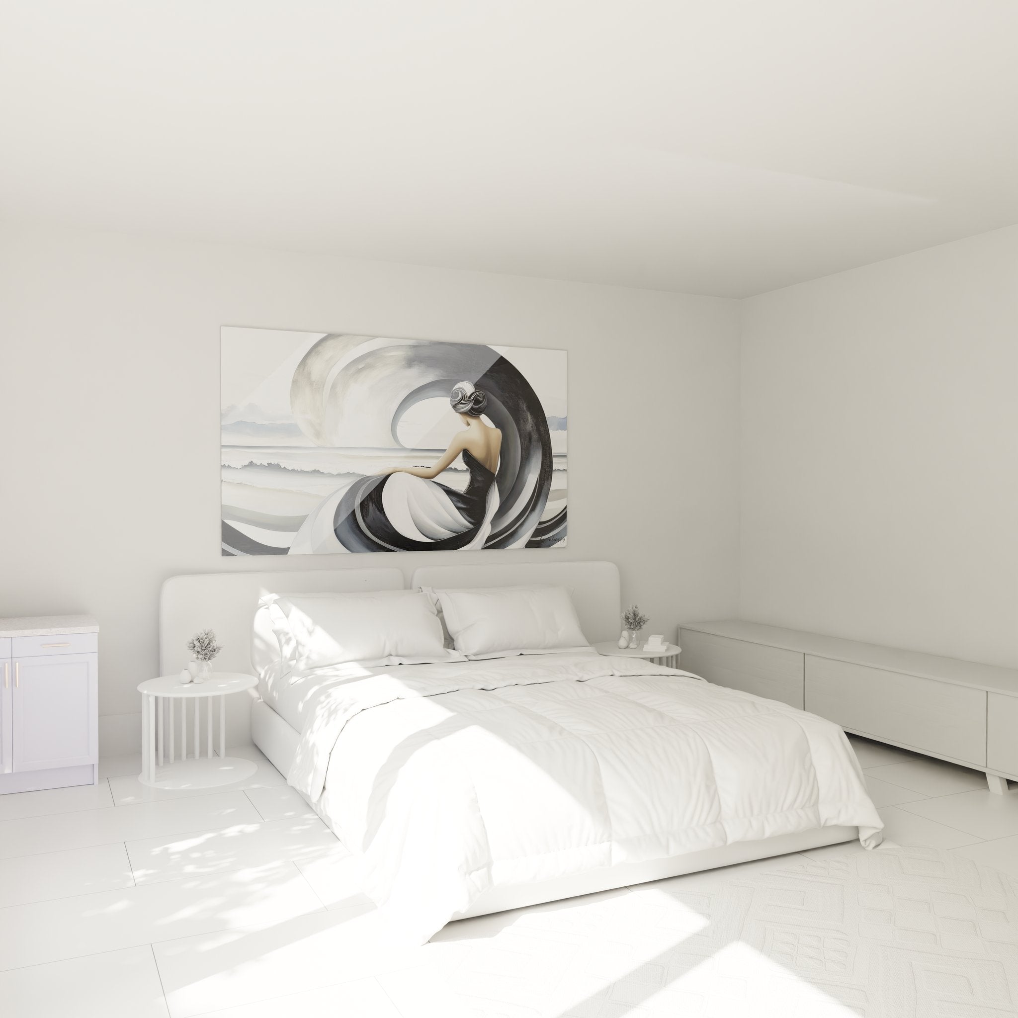 Tableau femme spirale vague dans chambre moderne ambiance zen marine