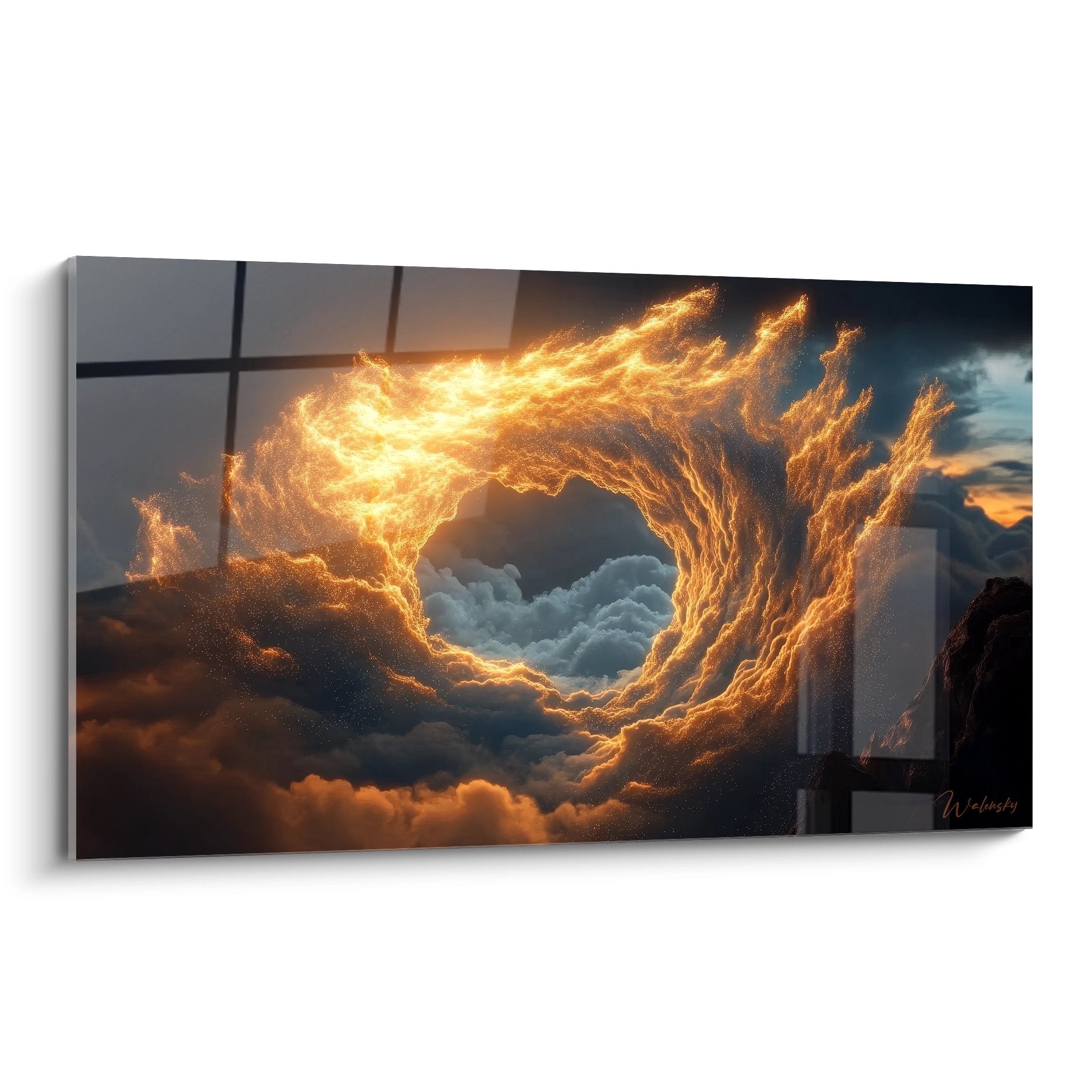 Tableau spirale de feu dorée formant portail mystique dans nuages, art mural moderne