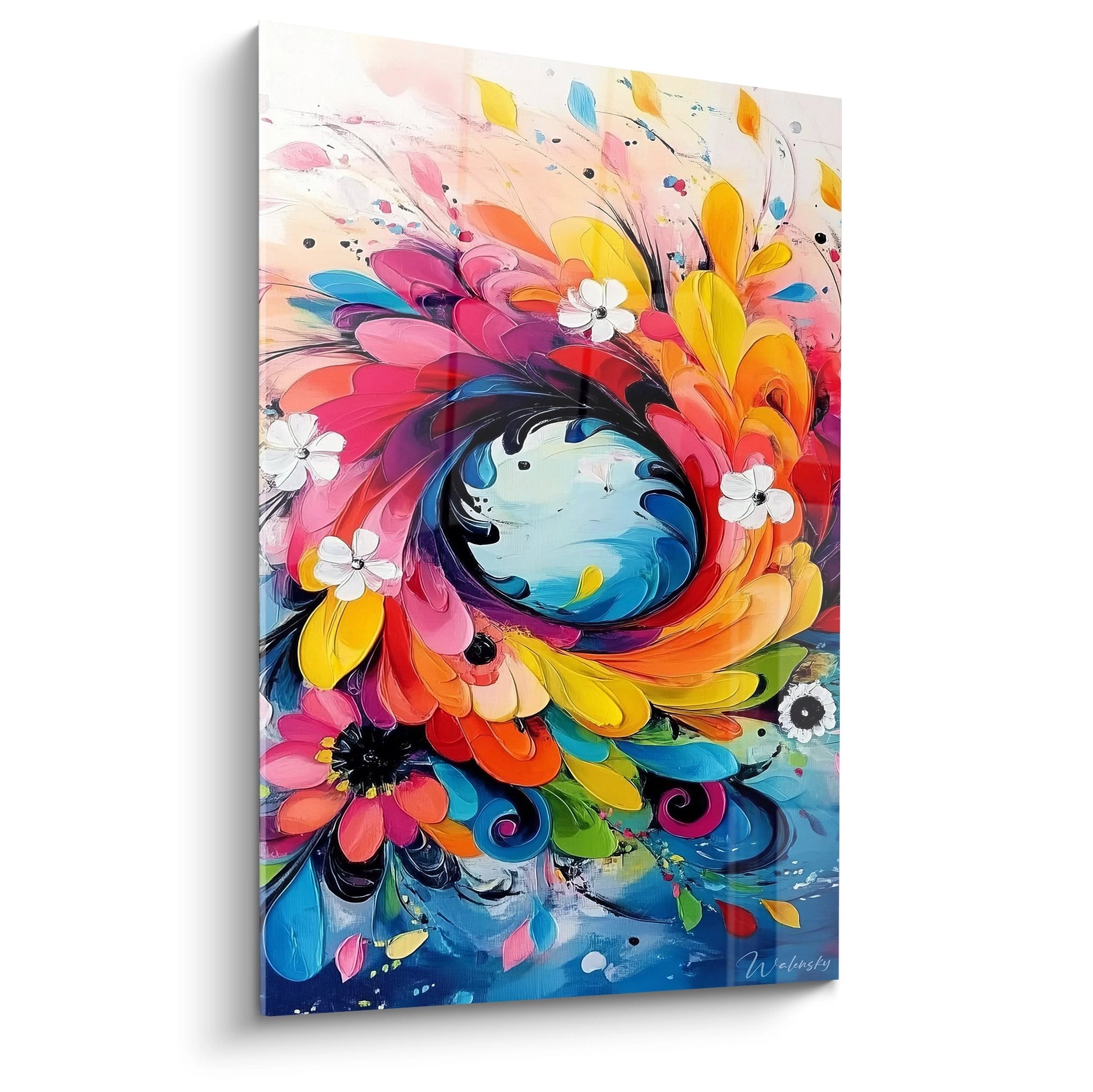 Tableau mural spirale florale abstraite aux couleurs vives avec explosion de pétales multicolores