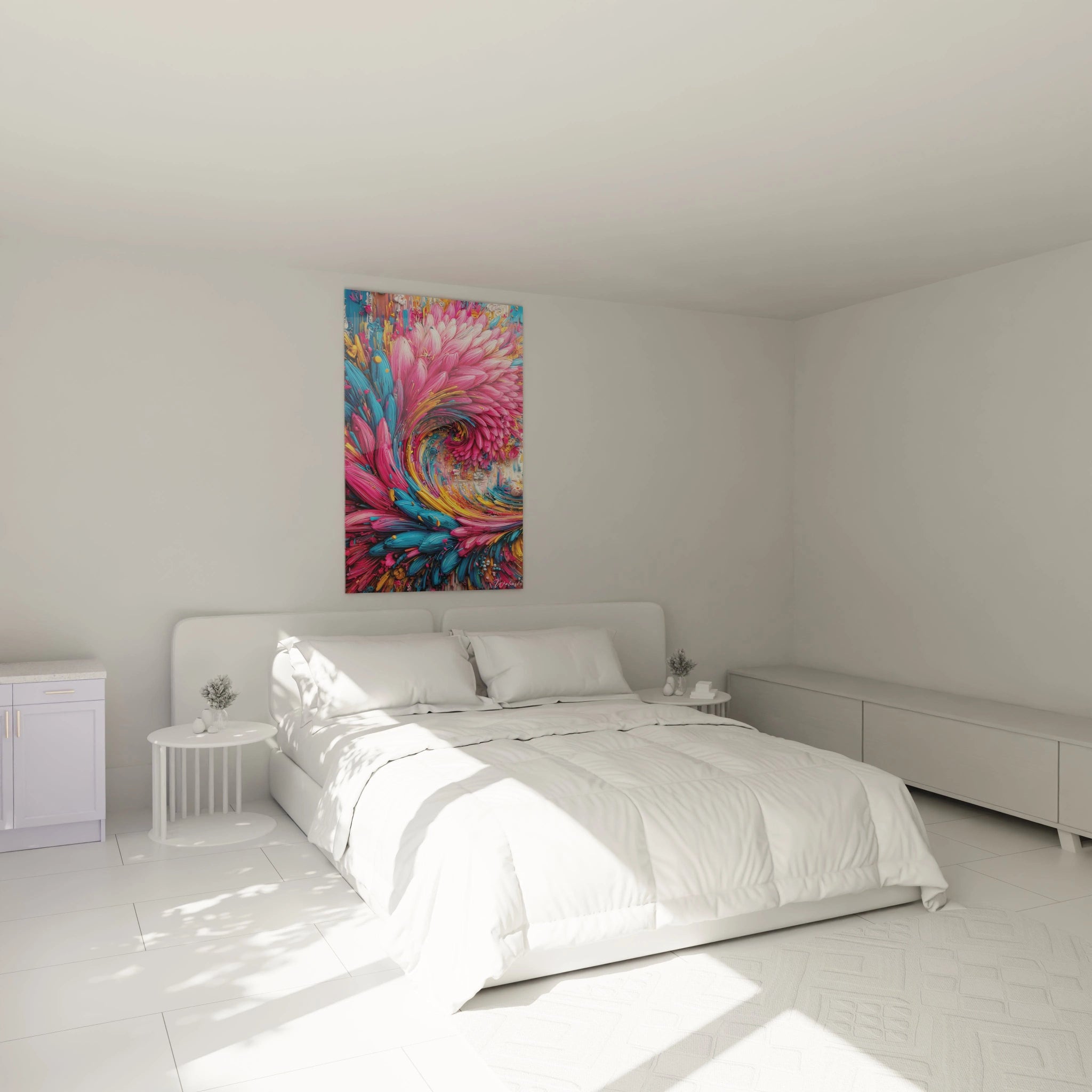 Schlafzimmeransicht mit abstraktem farbigem floralen Spiralmotiv – moderne Wanddekoration
