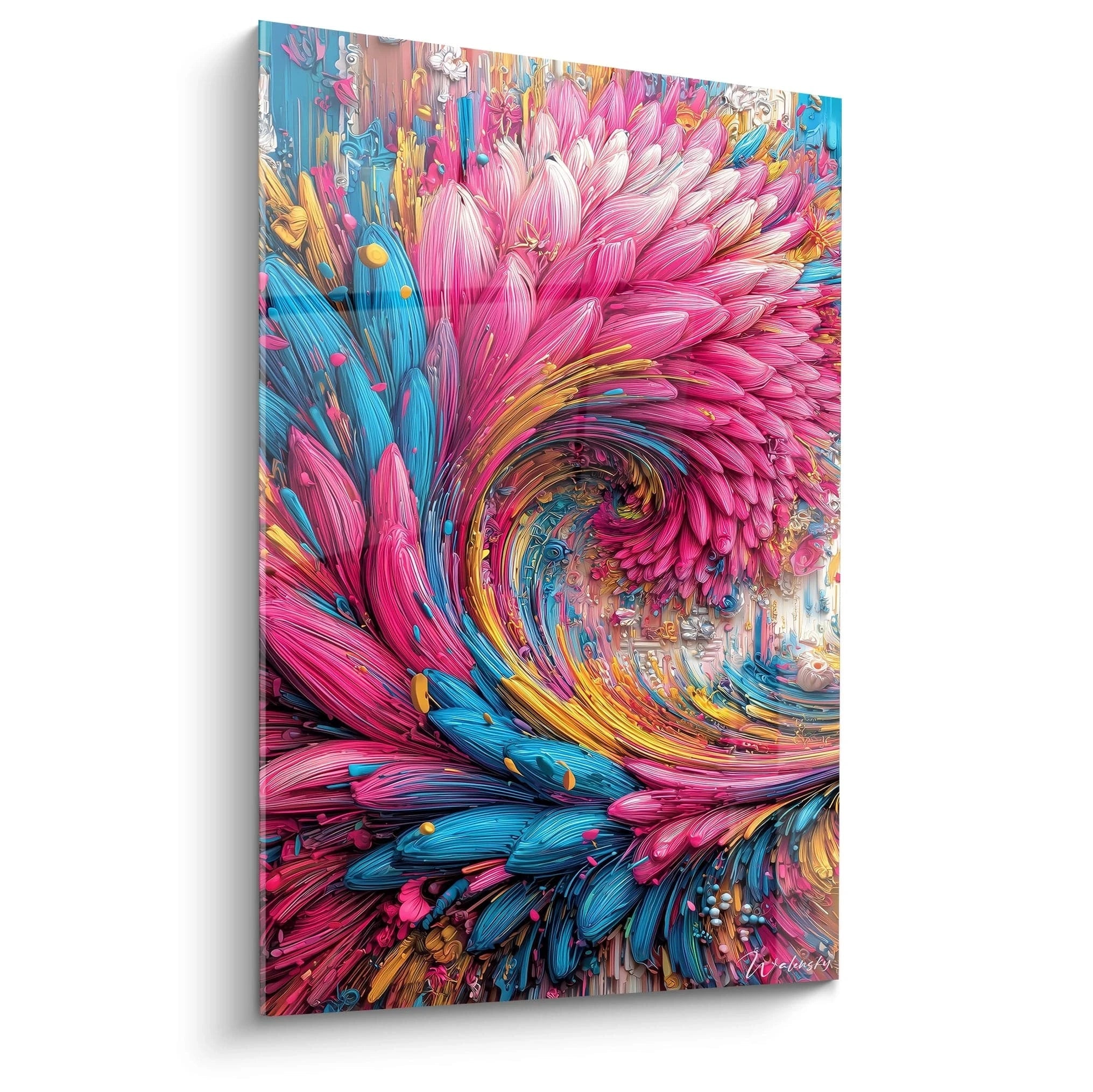 Abstraktes florales Spiralmuster mit leuchtenden Farben in Rosa, Blau und Orange - modernes dekoratives Kunstwerk