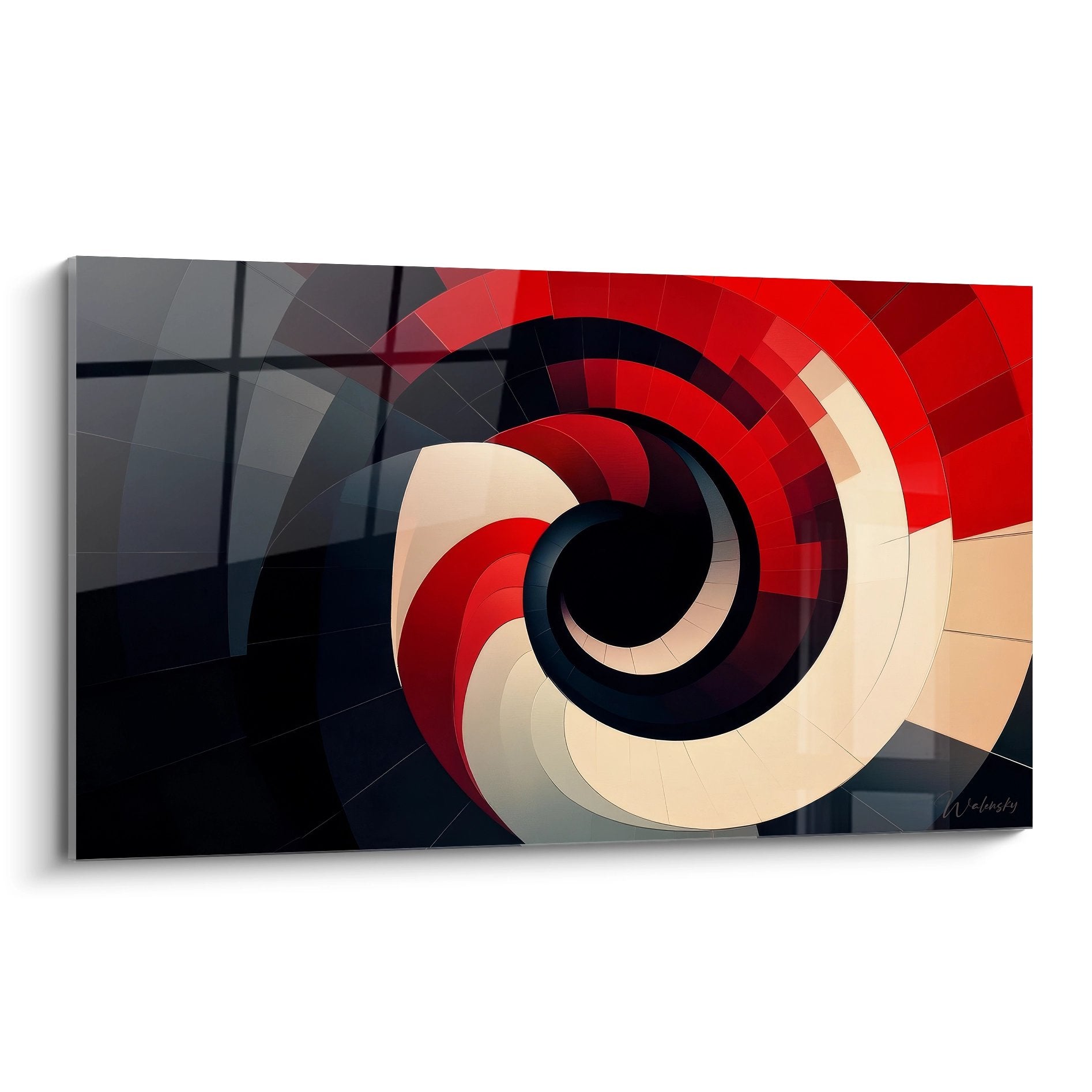 Tableau mural spirale géométrique rouge et beige avec tourbillon abstrait moderne sur fond architectural