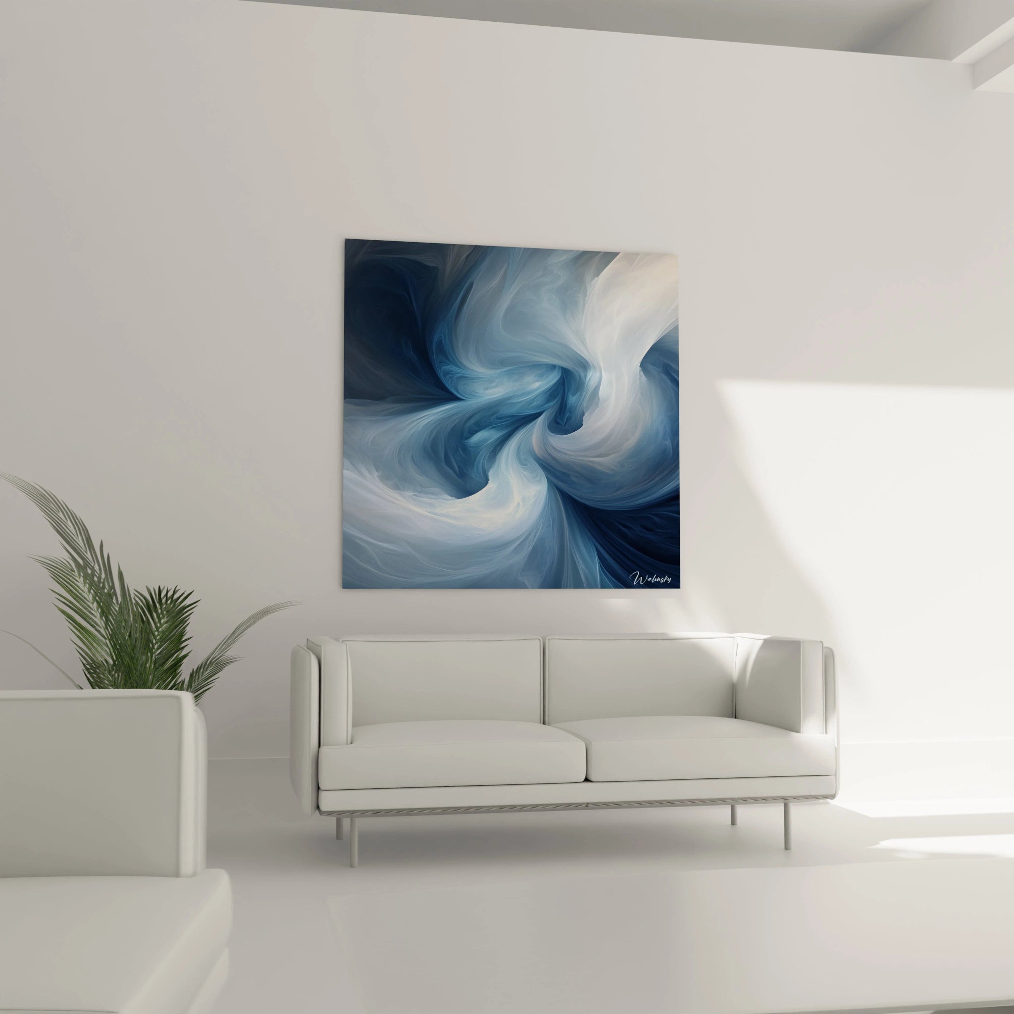 Tableau expressionniste abstrait de Walensky en bleu, ajoutant une touche artistique à un intérieur moderne