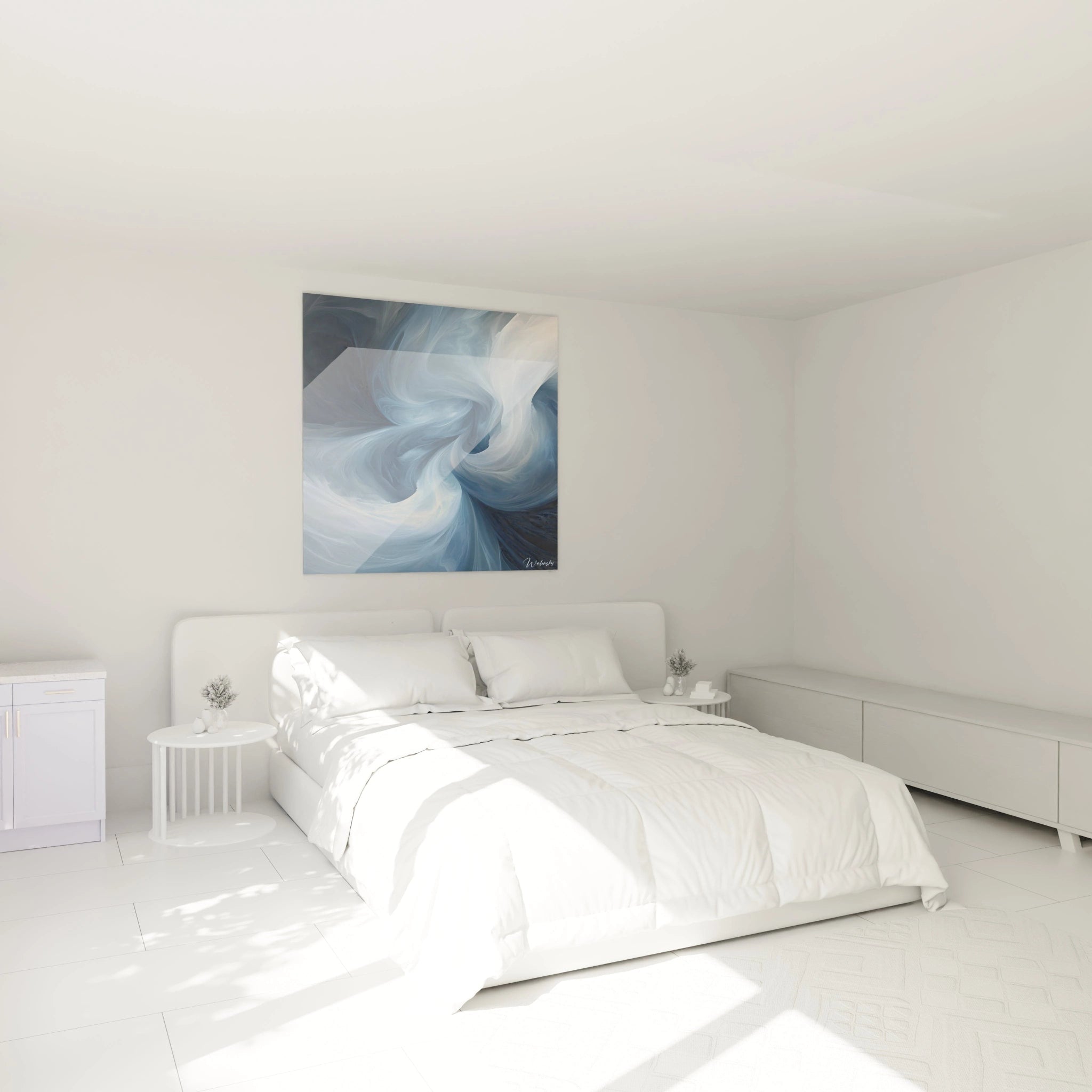 Tableau expressionniste abstrait de Walensky avec des nuances de bleu, décorant une chambre moderne