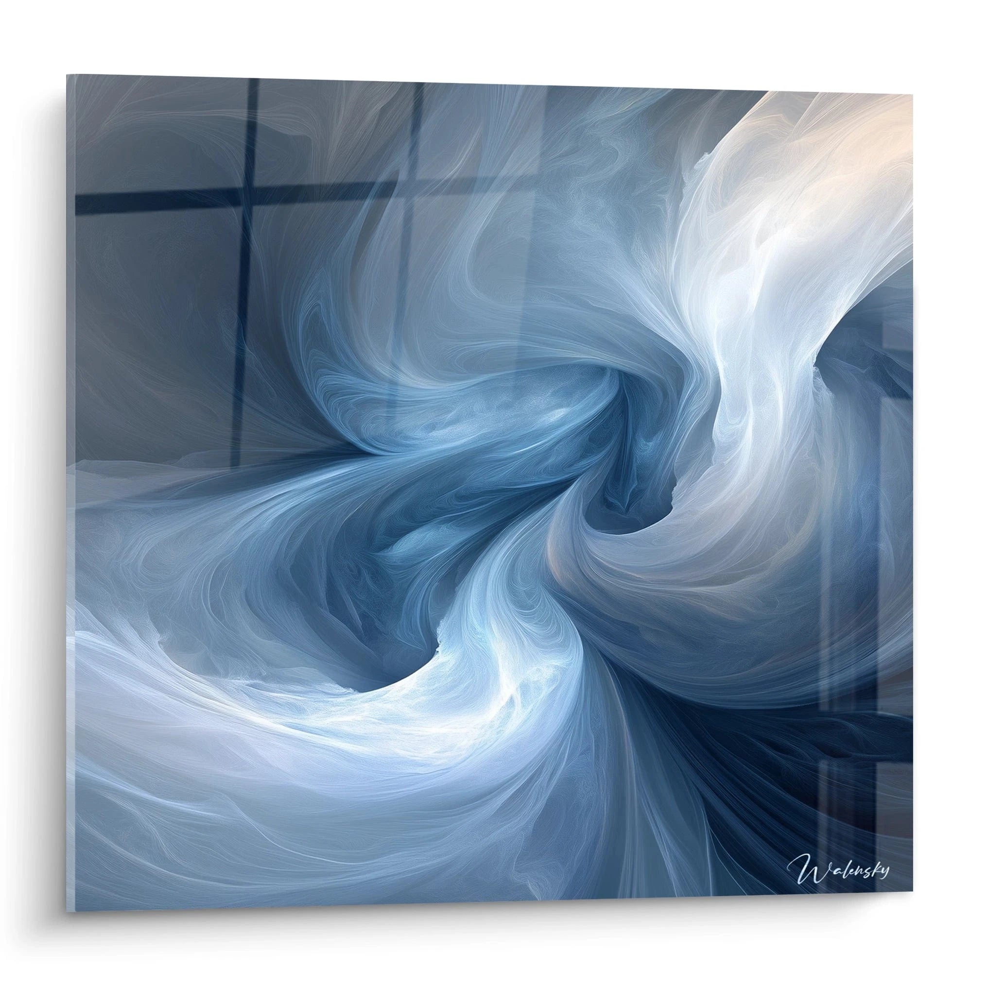 Tableau expressionniste abstrait en bleu et blanc avec un mouvement fluide de Walensky