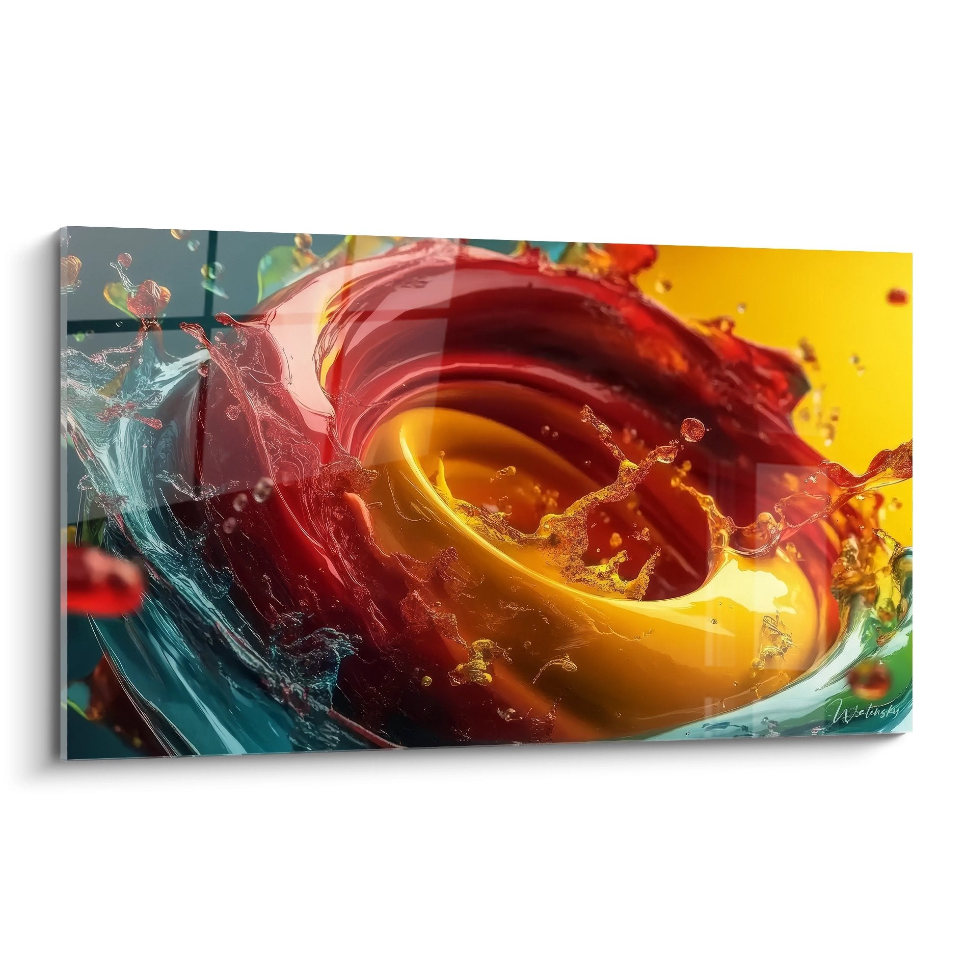 Tableau spirale liquide multicolore aux teintes rouge bordeaux jaune doré turquoise art abstrait moderne