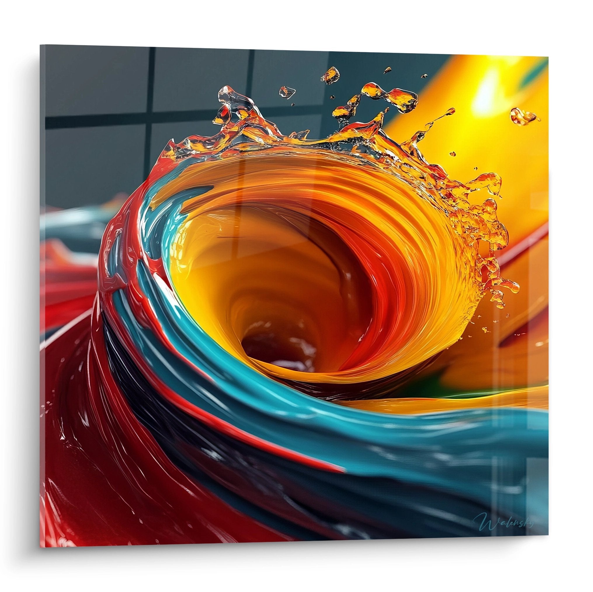 Tableau spirale liquide multicolore vortex abstrait orange bleu art mural moderne