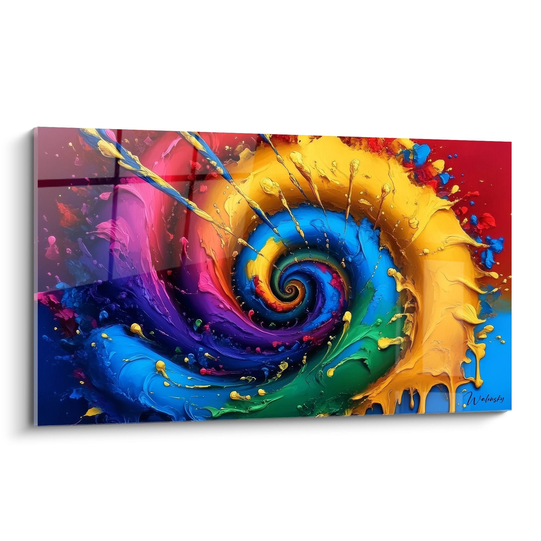 Tableau spirale abstraite multicolore aux couleurs vives bleu violet jaune rouge sur toile moderne