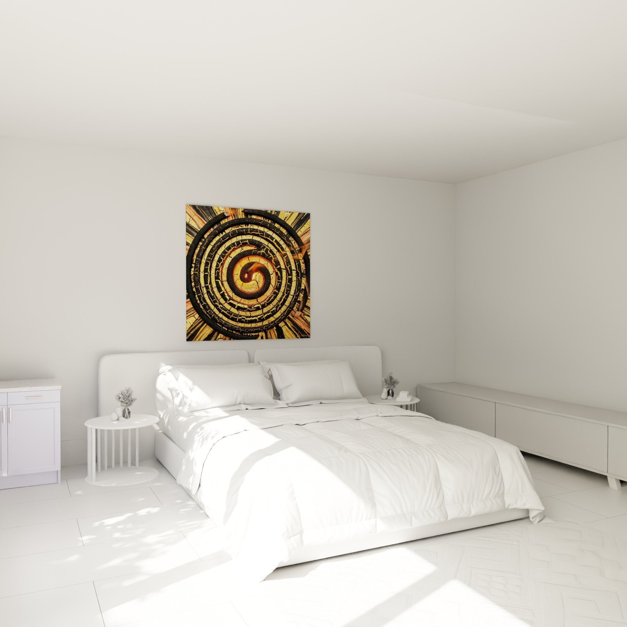 Mystisches goldenes Spiralgemälde im Zen-Schlafzimmer mit natürlicher Dekoration und beruhigender Atmosphäre