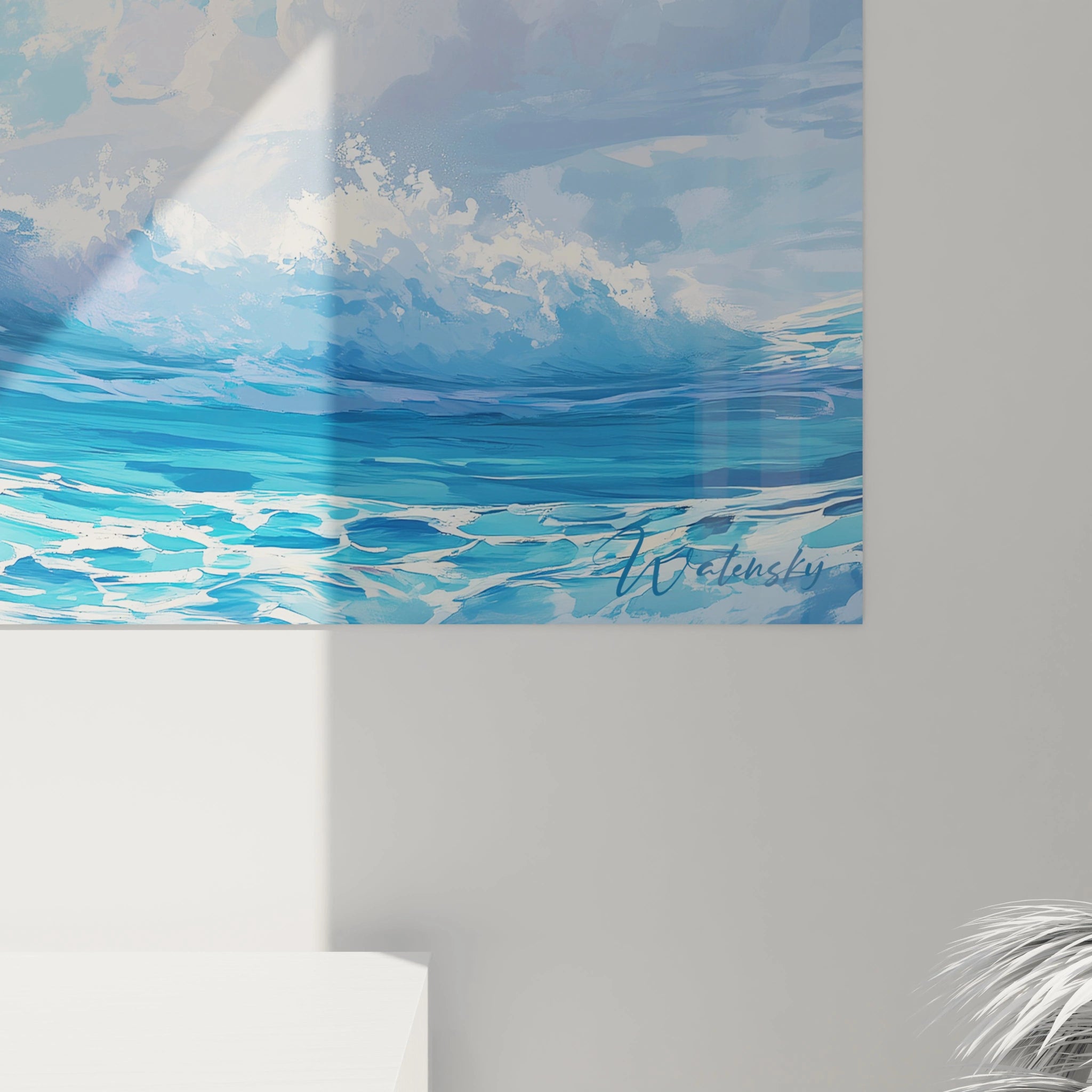 Un tableau mer présentant une large vague aux teintes bleu turquoise en plein mouvement, avec sa crête couronnée d'écume blanche, se détachant sur un ciel azure lumineux, créant une atmosphère immersive de puissance naturelle.