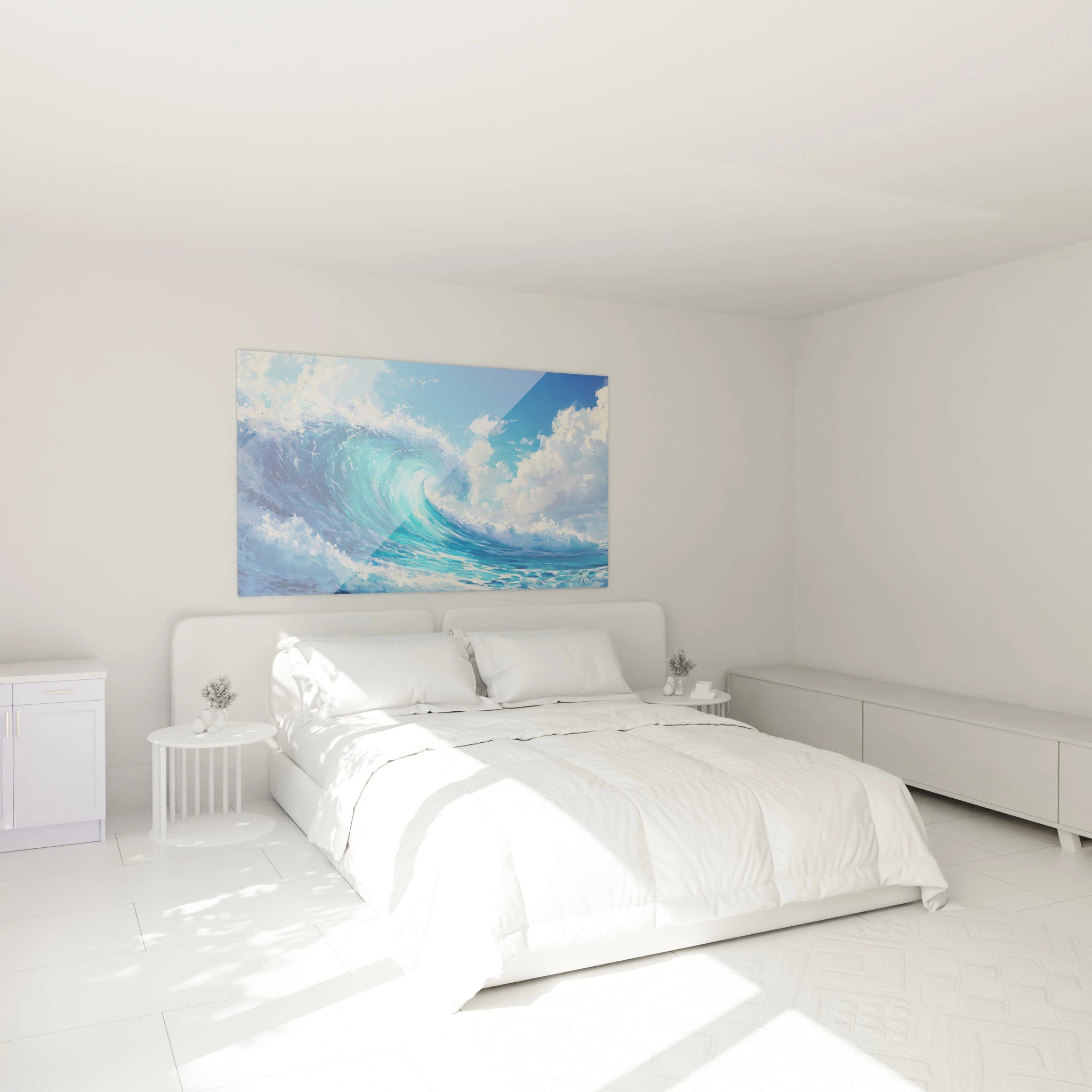 Un tableau mer capturant l'instant précis où une puissante vague turquoise s'enroule sur elle-même, créant un tunnel d'eau cristalline, encadré par un ciel bleu parsemé de nuages blancs et quelques oiseaux marins en vol.