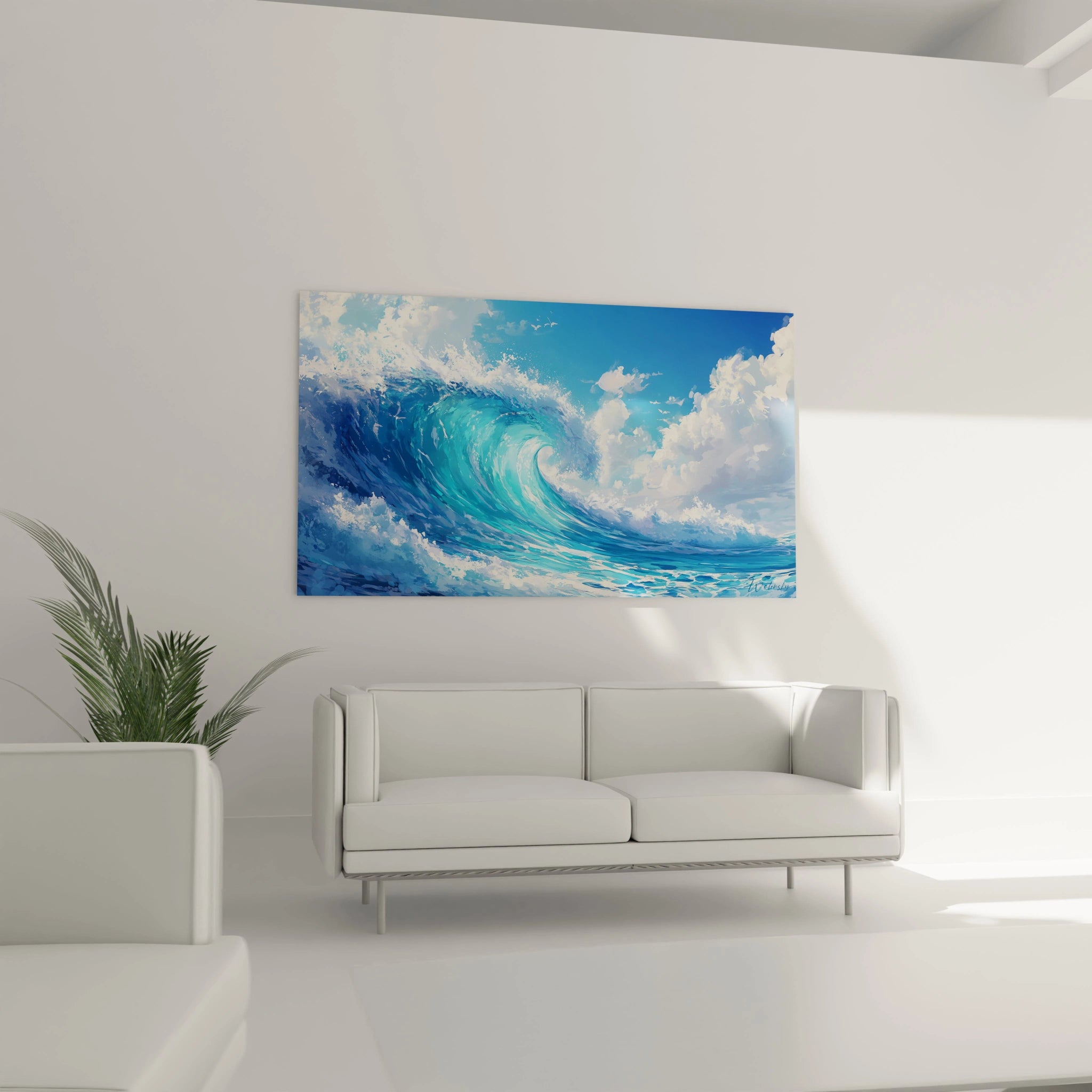 Un tableau dynamique illustrant une vague océanique aux nuances de bleu et turquoise, figée au moment culminant de sa formation, avec des détails réalistes d'écume blanche et une transparence permettant d'observer sa structure interne.