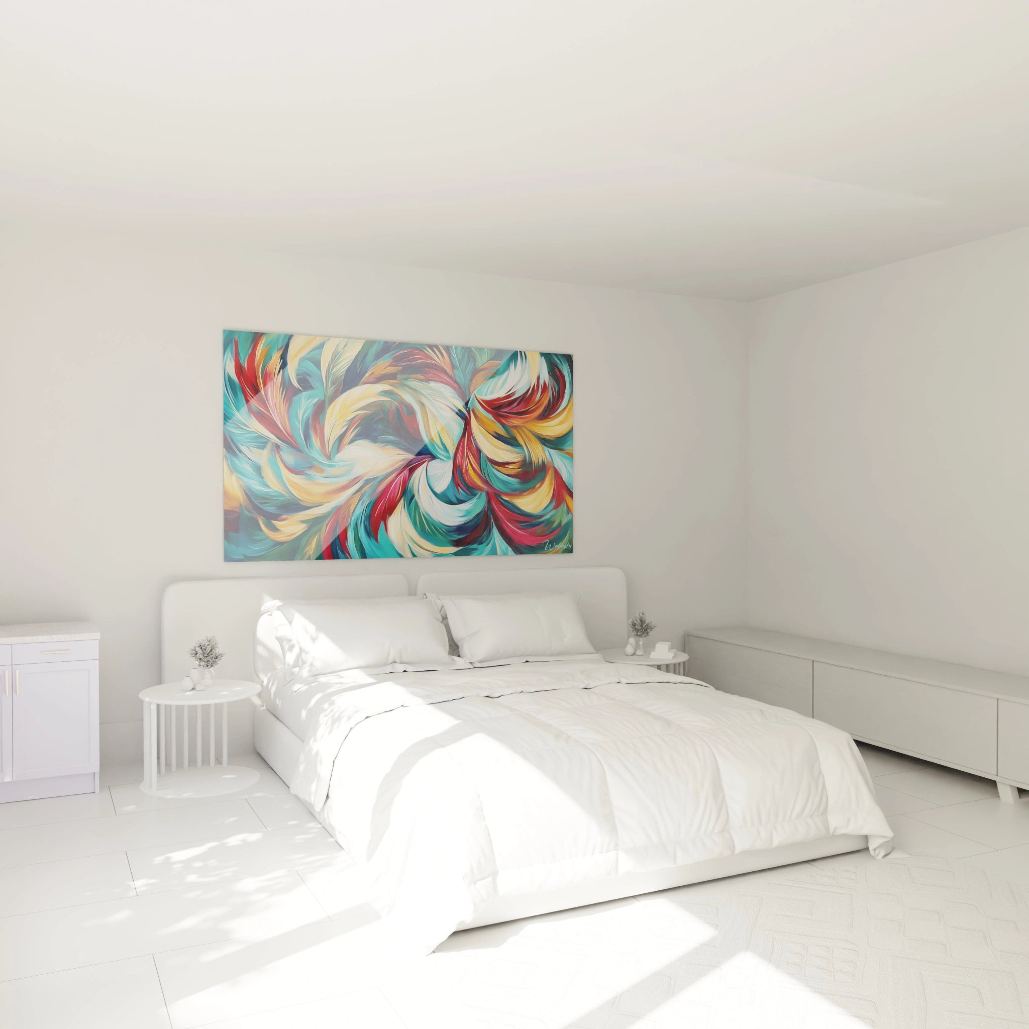 Tableau moderne abstrait de Walensky avec motifs colorés dans une chambre lumineuse