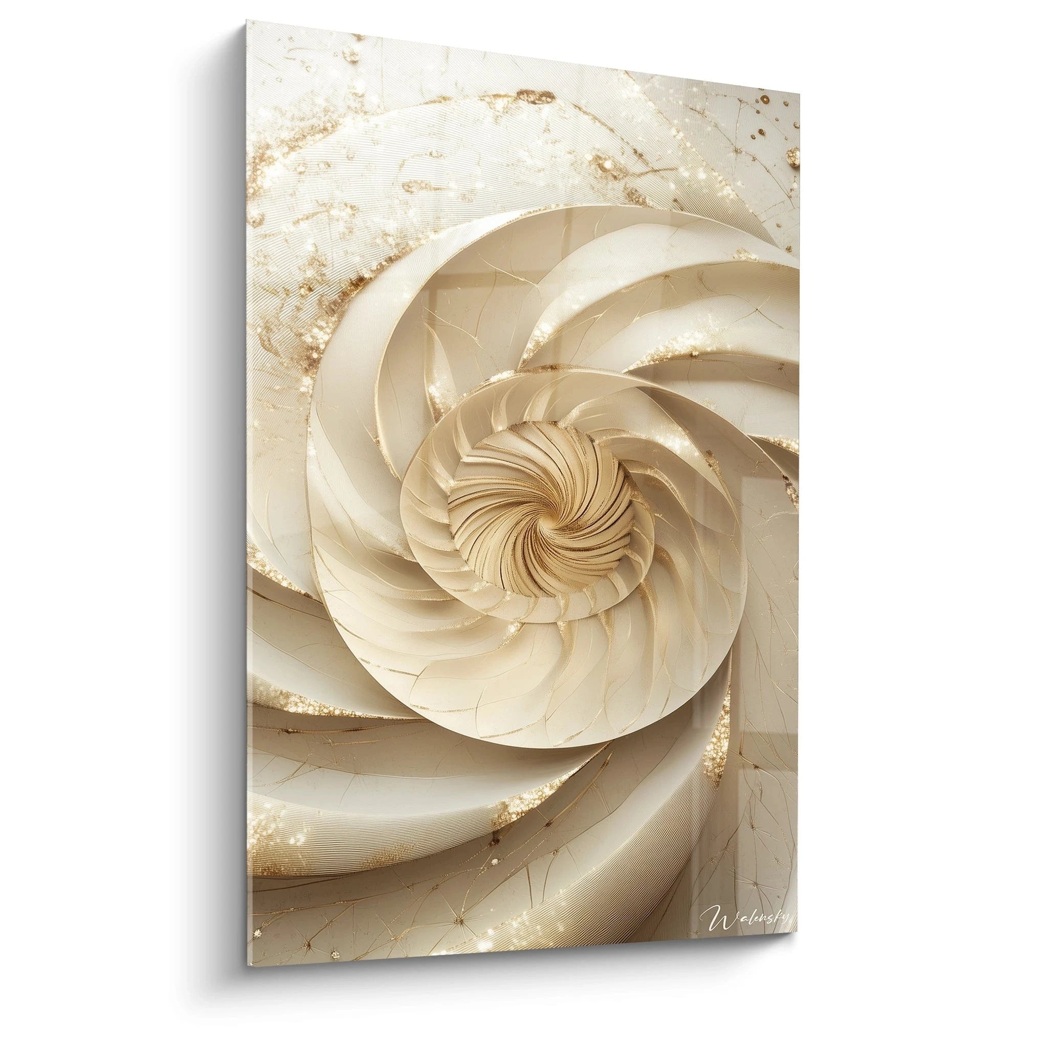 Tableau trompe l'oeil Walensky motif spirale beige et or avec effet de profondeur élégant