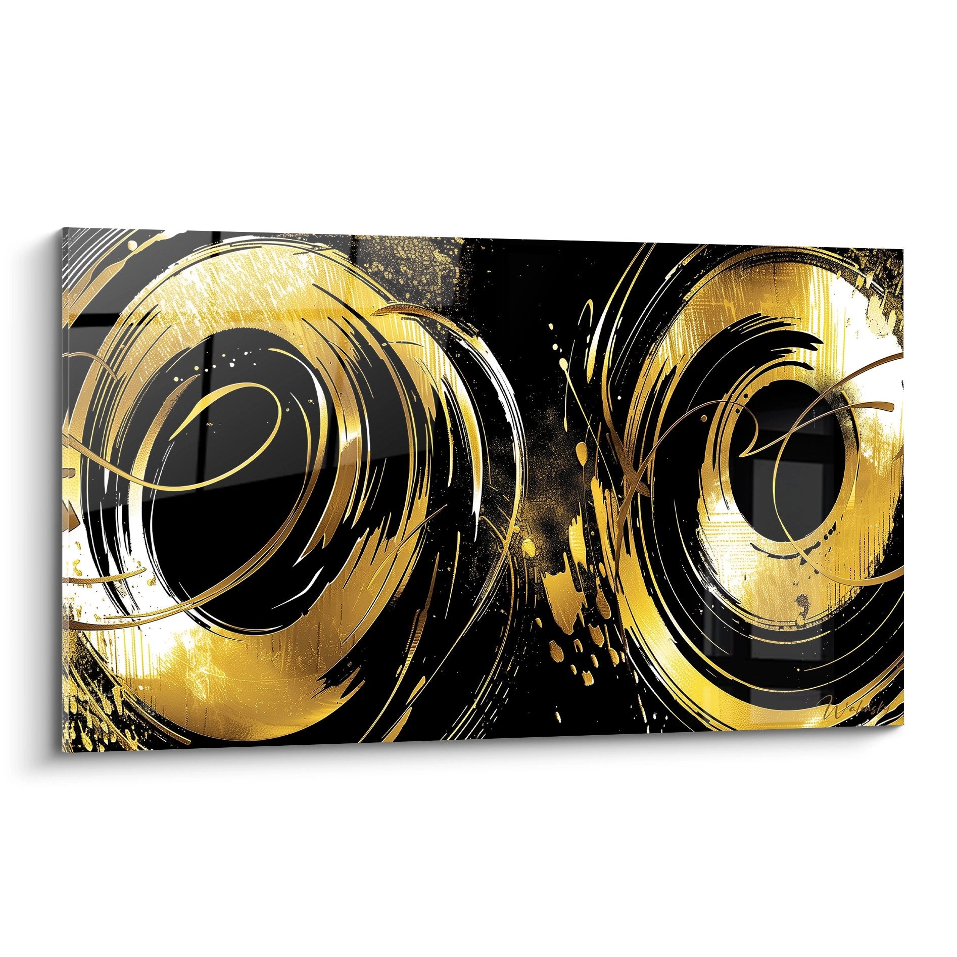 tableau abstrait spirales dorees noires tourbillons art contemporain decoration murale luxe