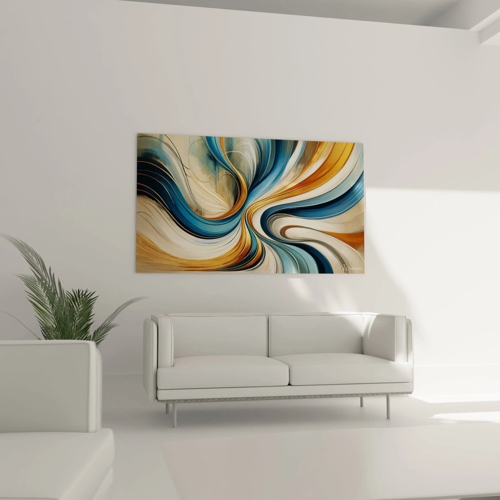 Un tableau abstrait de flux spiralés aux teintes contrastées. Les couleurs principales sont bleu cobalt, or ambré, blanc nacré et gris acier. La texture montre des rubans colorés aux bords définis qui tourbillonnent autour d'un point central, créant une composition dynamique où les lignes courbes s'enroulent et se déroulent simultanément, avec un jeu subtil entre zones mates et brillantes.