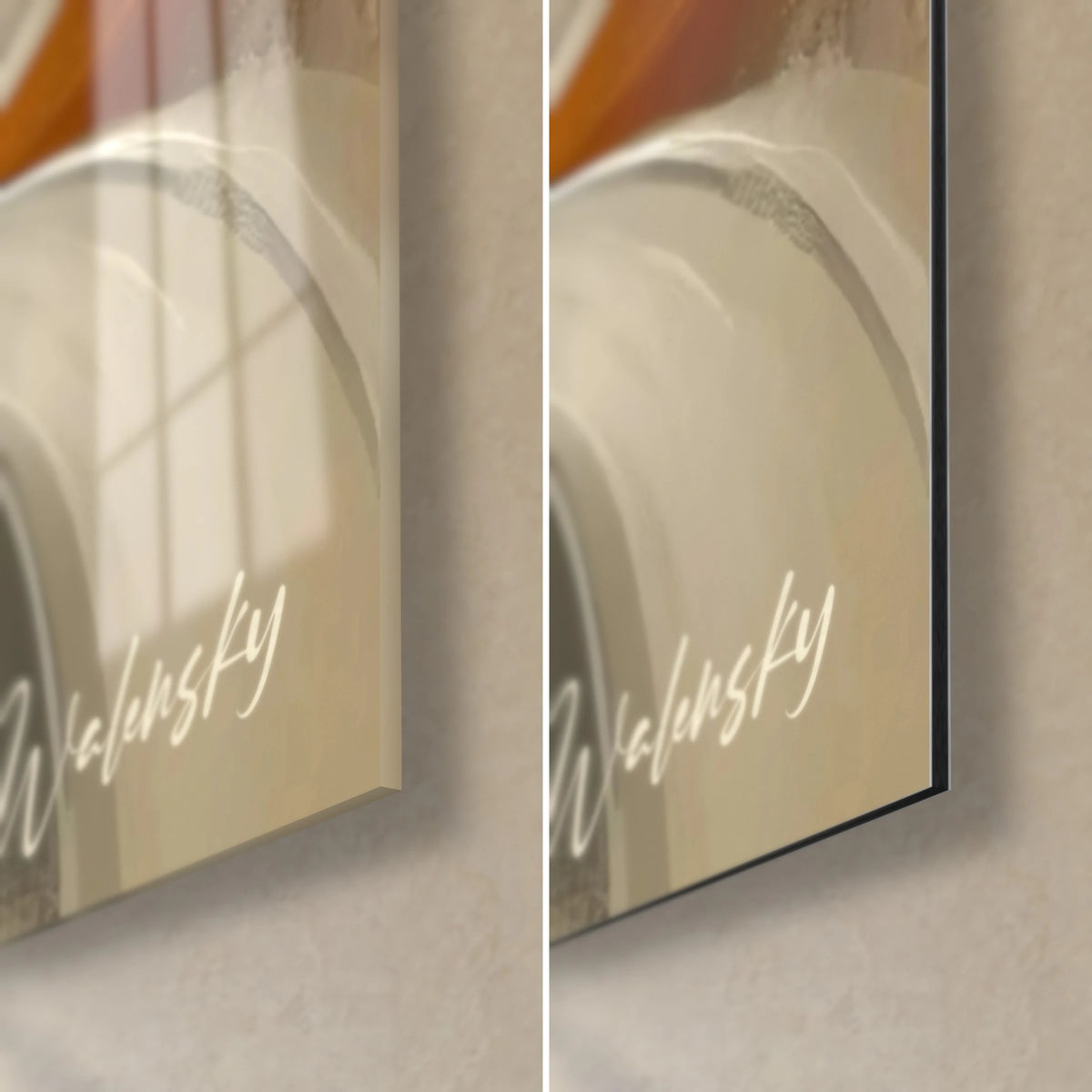 Wall art golden spirals on blue and beige background, bottom right corner: glossy acrylic glass on the left, matte Dibond on the right