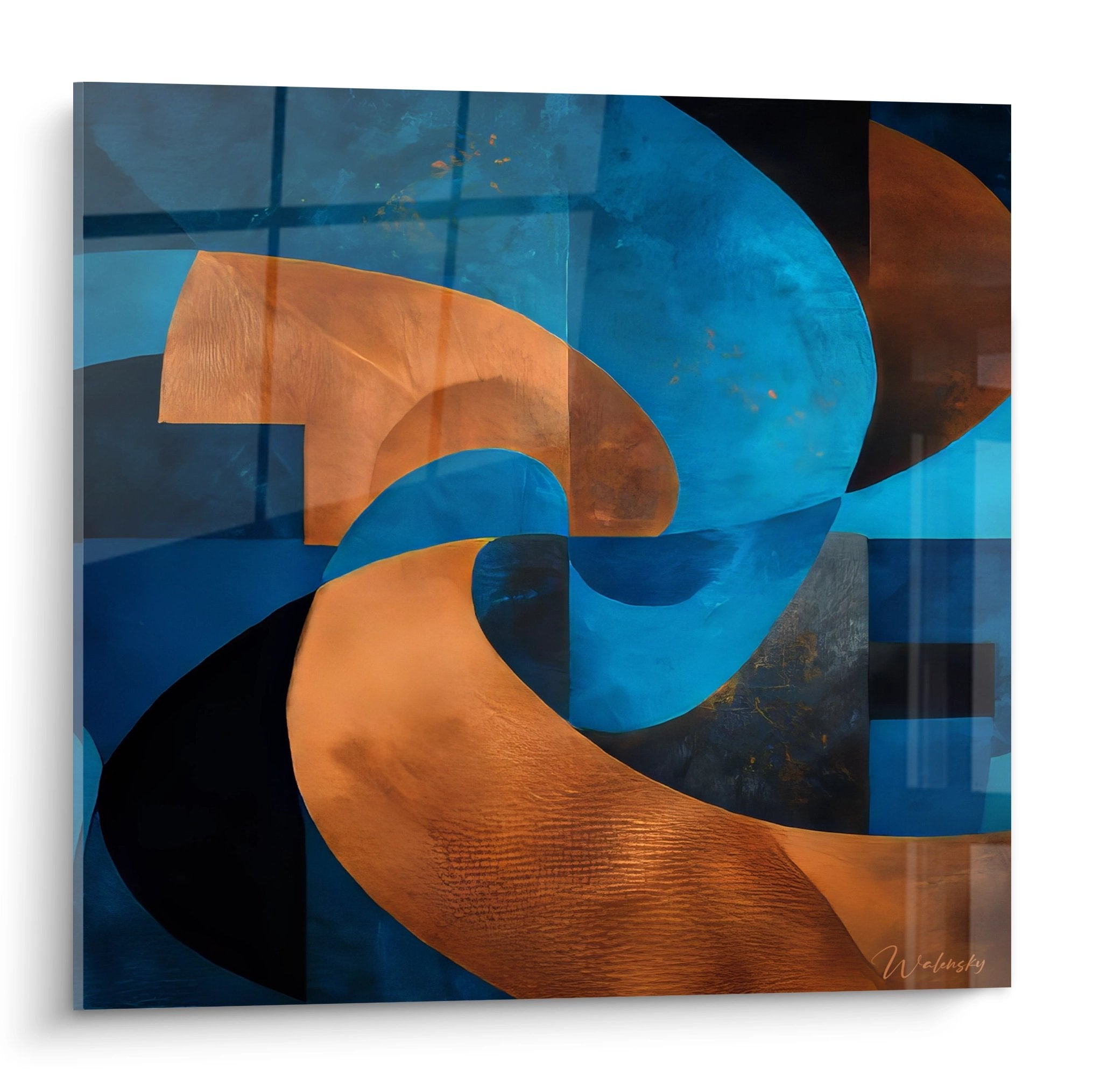 Tableau mural spirales géométriques orange et bleu, art abstrait moderne pour décoration contemporaine