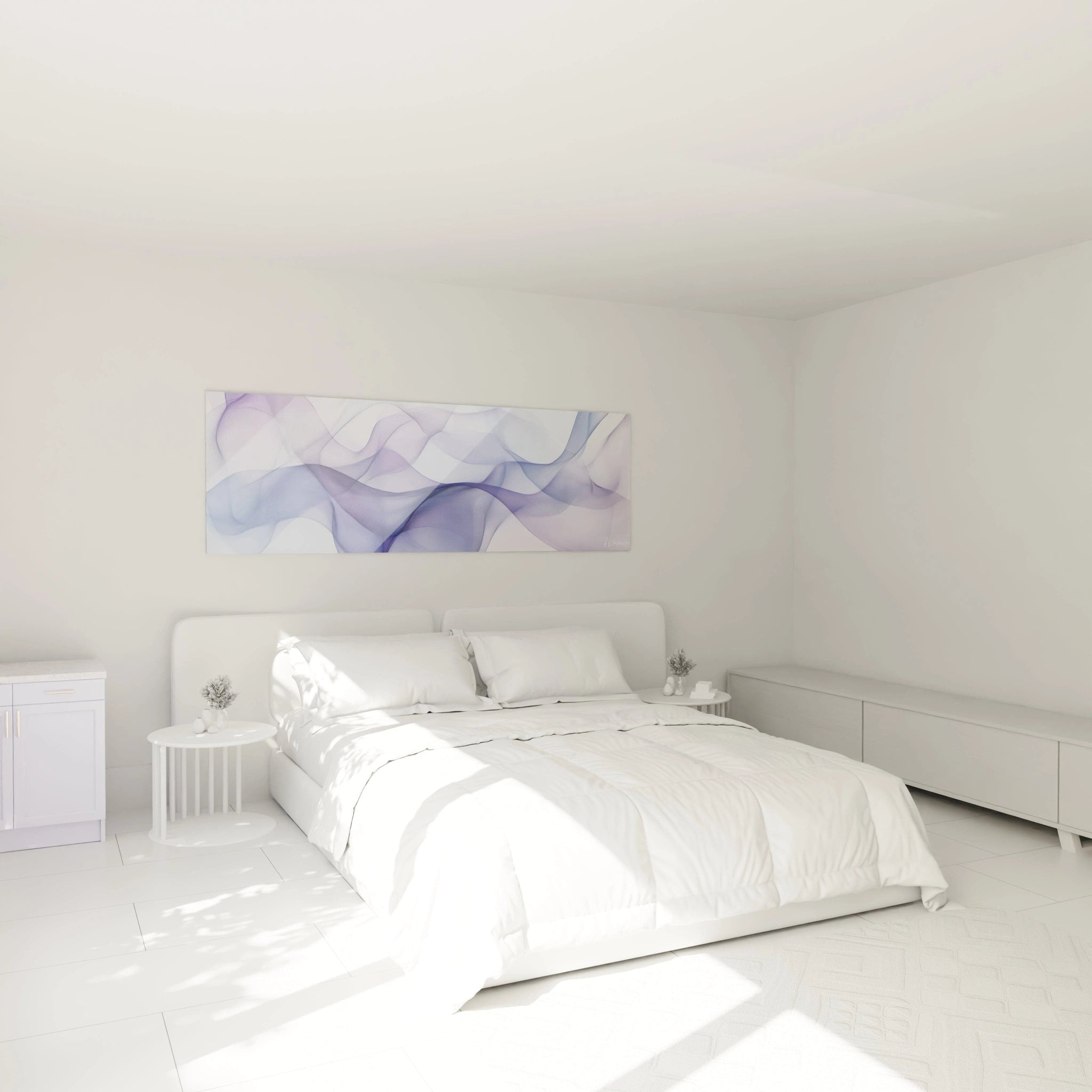 Tableau moderne abstrait Walensky avec des vagues violettes dans une chambre lumineuse