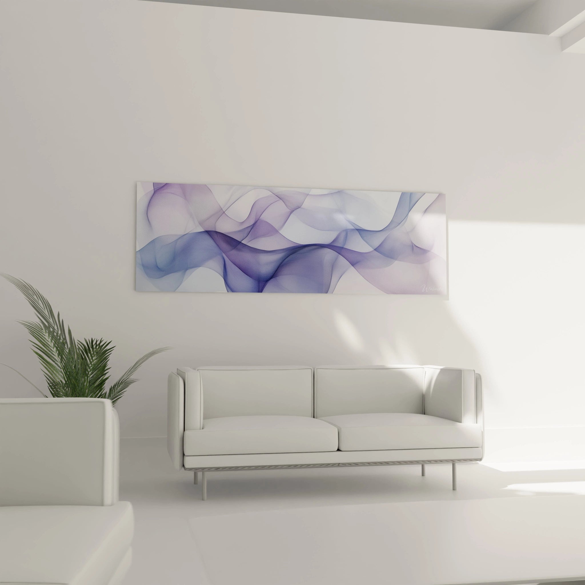 Tableau moderne abstrait Walensky avec des vagues violettes sur fond minimaliste dans un salon élégant
