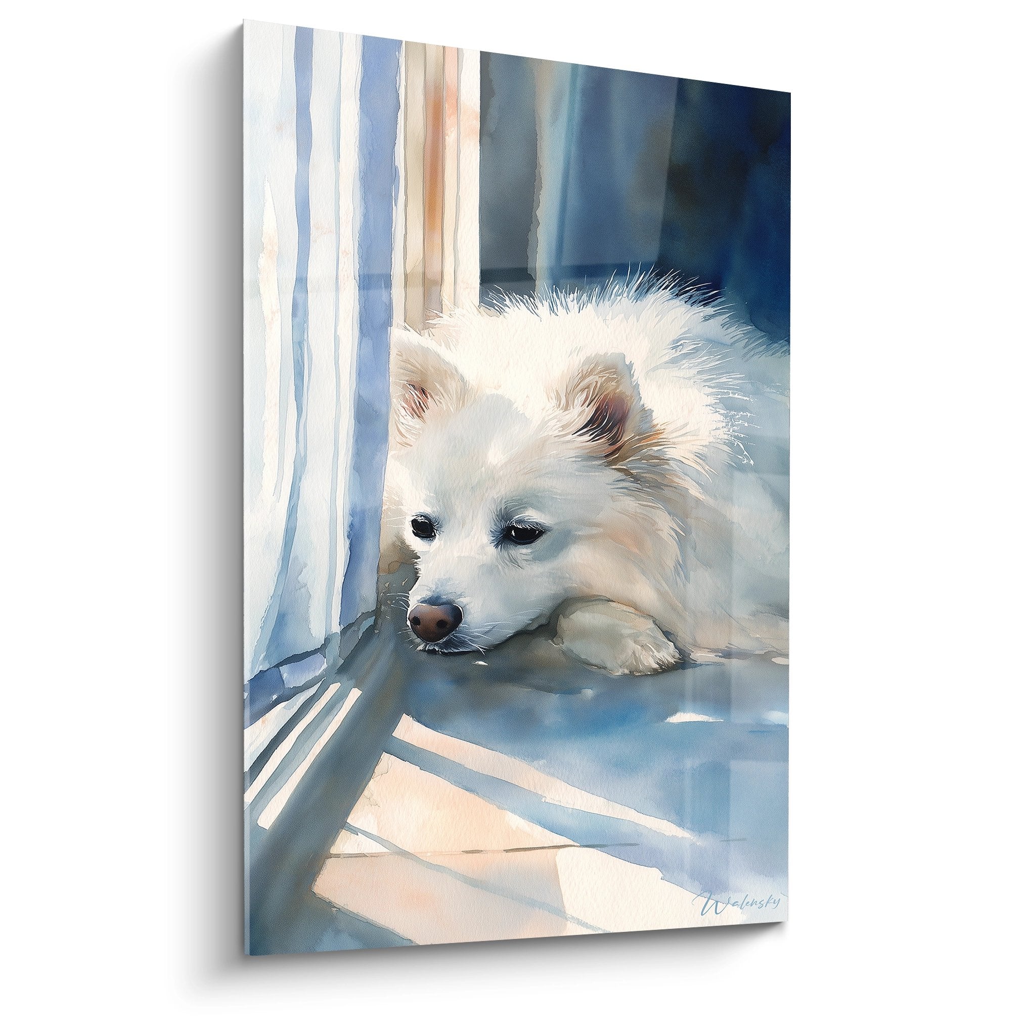 Tableau aquarelle Spitz Japonais blanc allonge sur terrasse tons bleus decoration murale chien