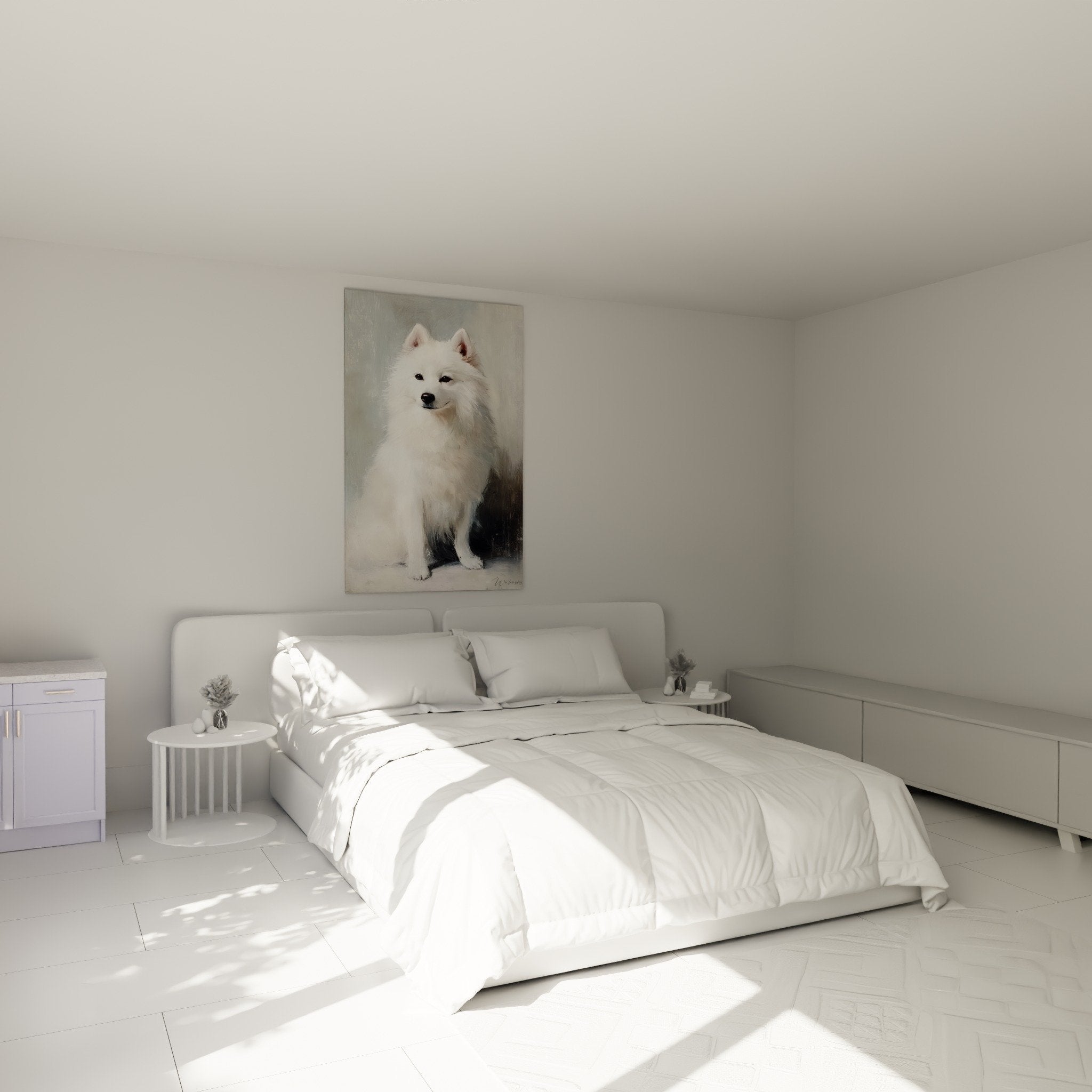 Tableau Spitz Japonais blanc dans chambre moderne, ambiance apaisante avec tons gris et blanc