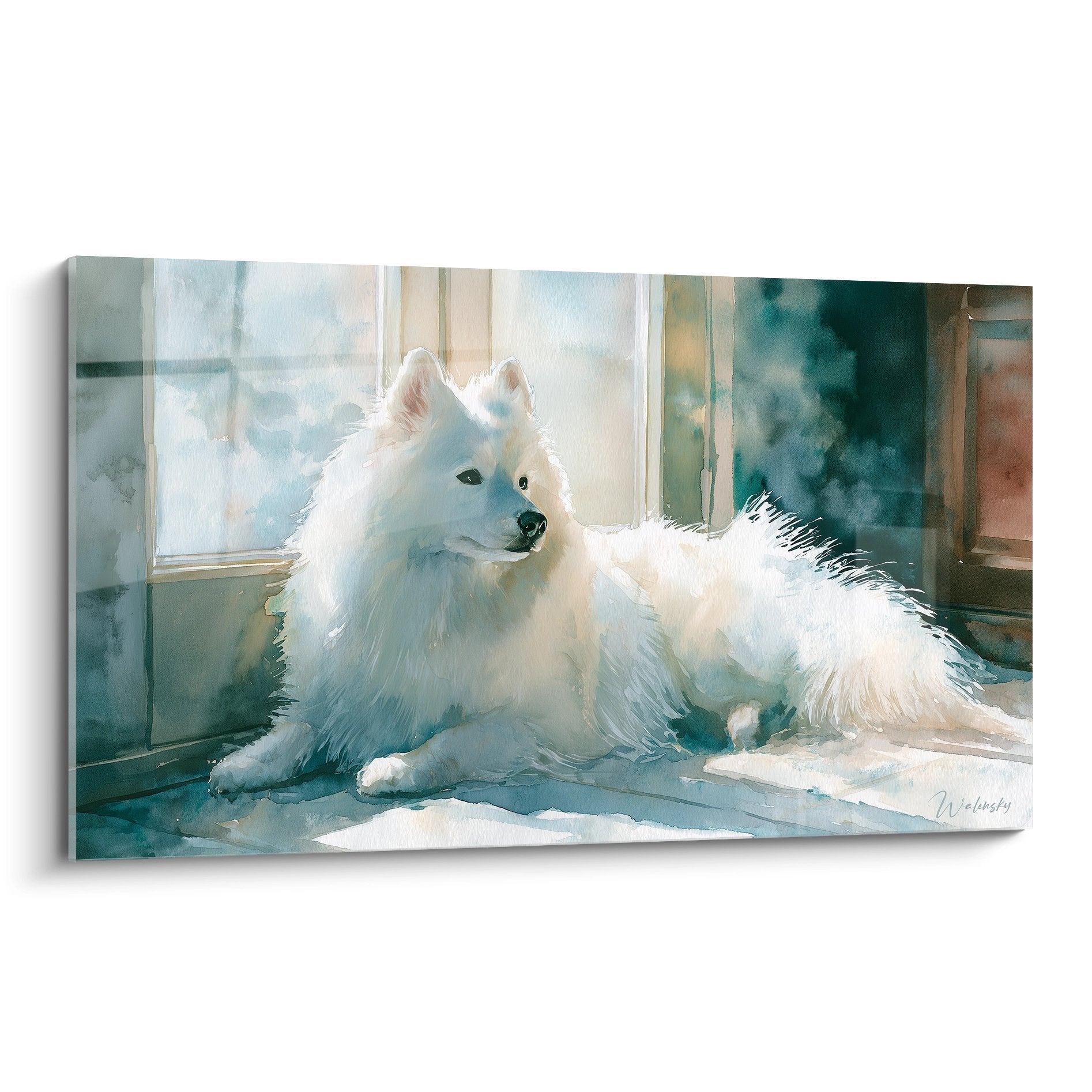 Tableau aquarelle spitz japonais blanc assis pres fenetre tons bleus pastel lumiere naturelle