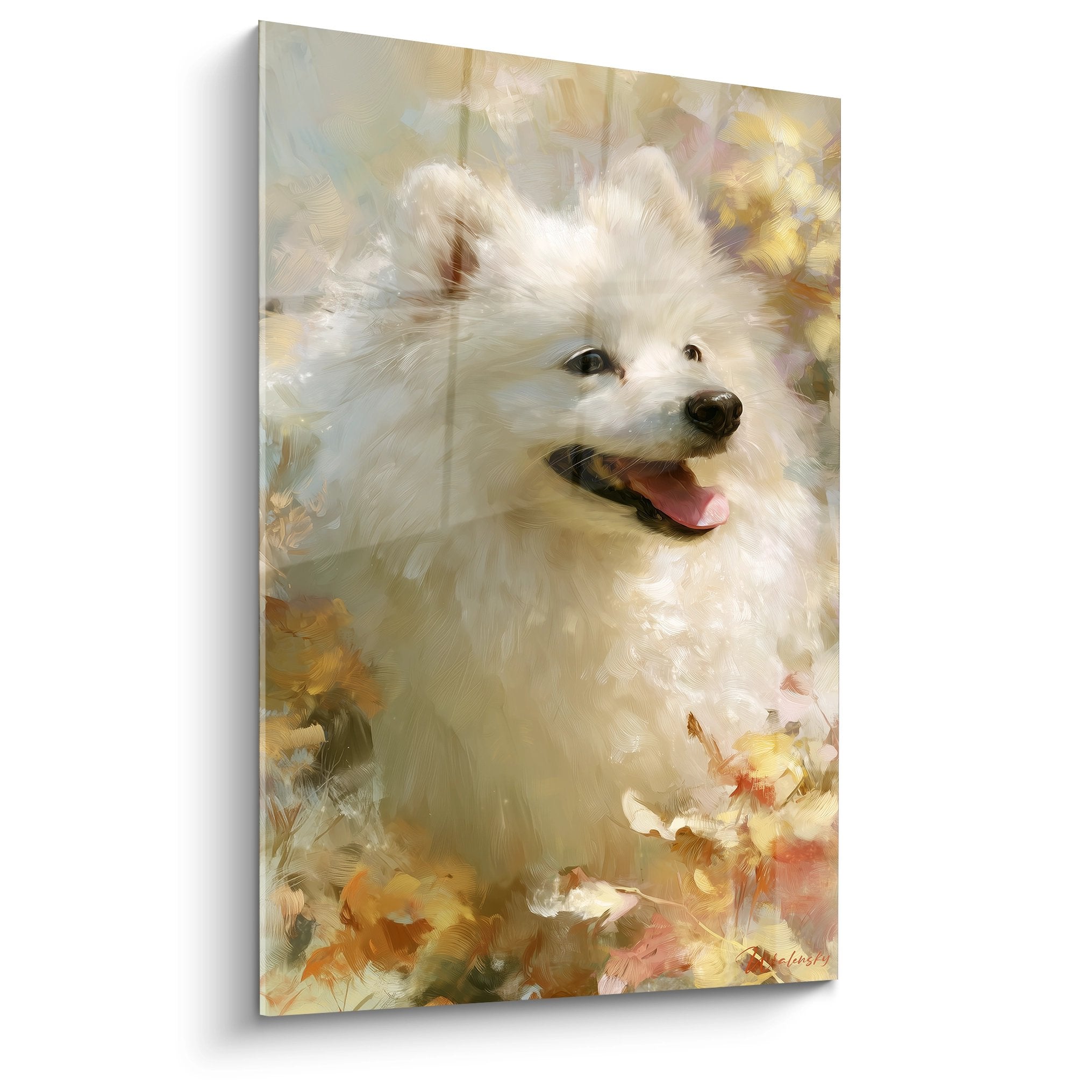 Portrait artistique Spitz Japonais blanc pelage soyeux langue rose fond dore automnal tableau mural decoratif