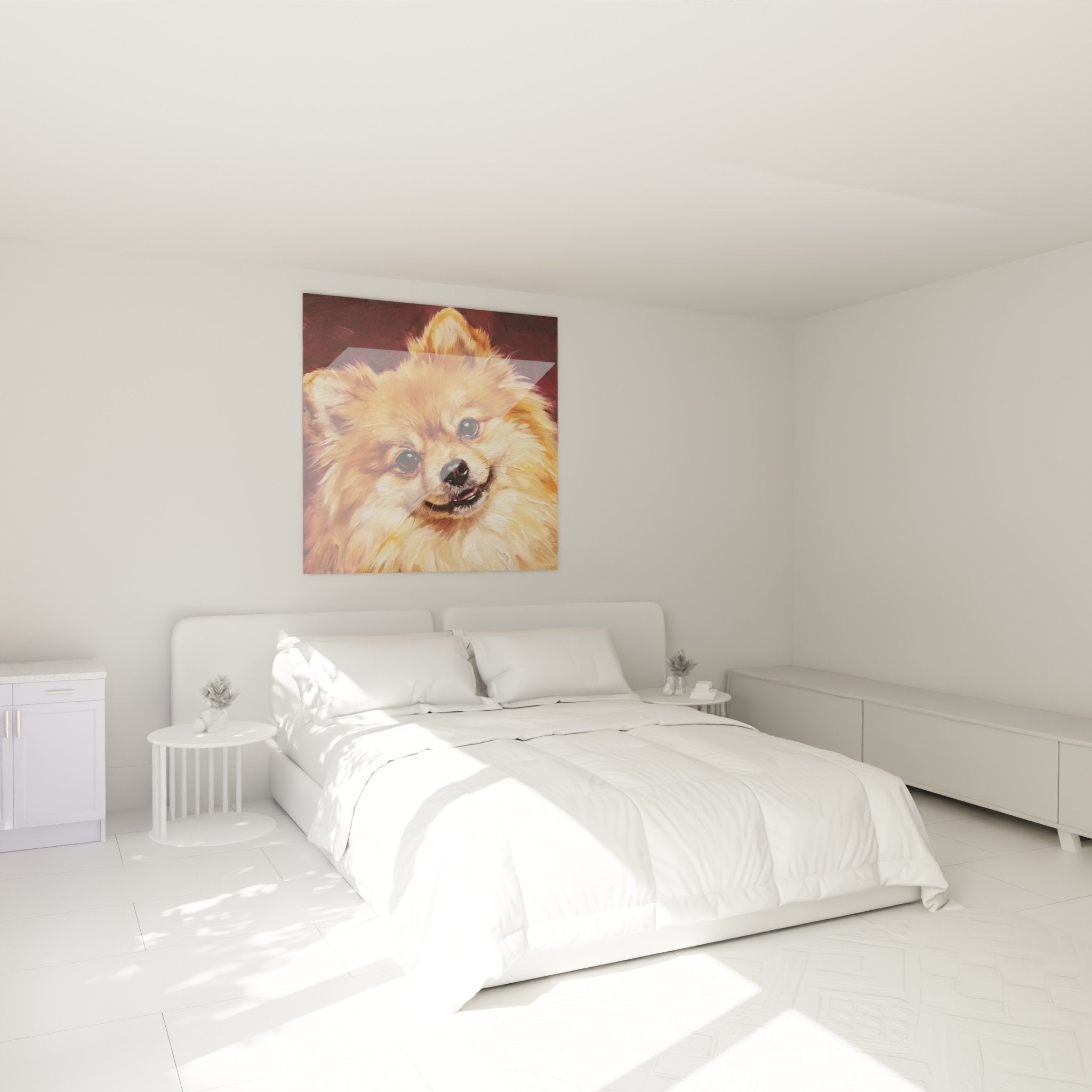 Tableau Spitz Pomeranian orange et doré décorant une chambre moderne aux tons neutres