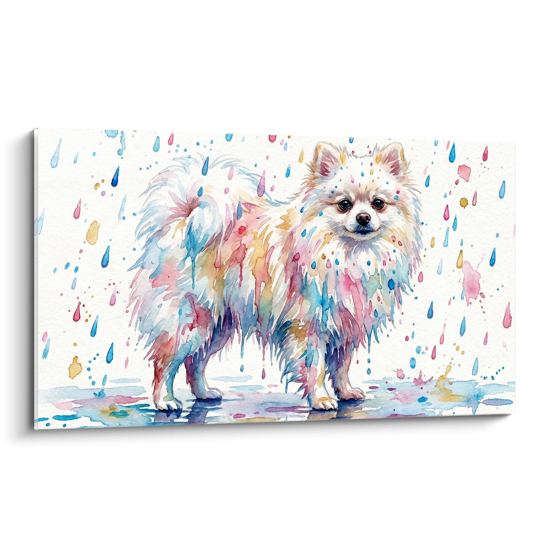 Tableau aquarelle Spitz Pomeranien blanc sous pluie coloree bleu rose dore sur fond blanc artistique