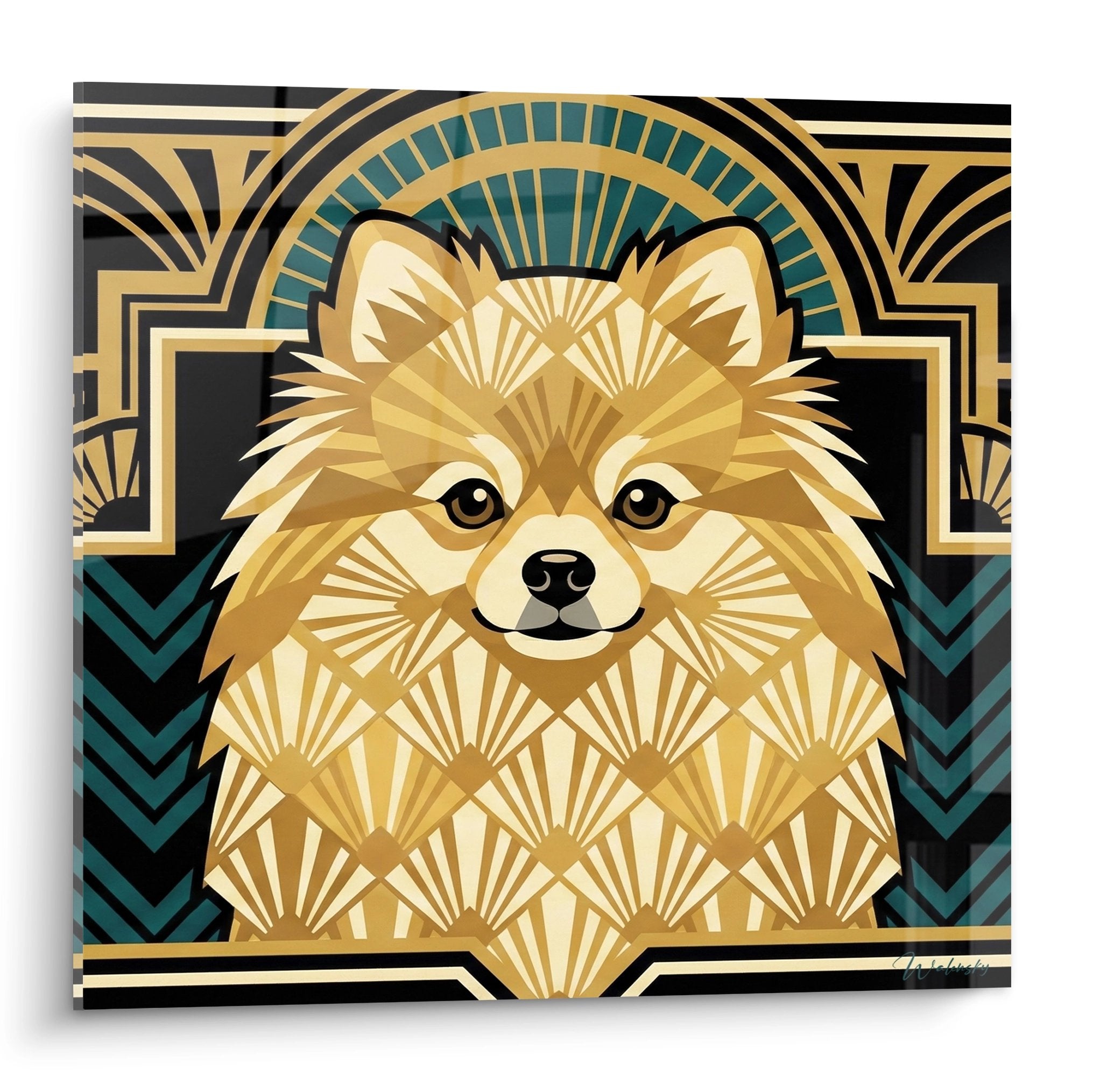 Tableau Art Deco Spitz Pomeranien dore motifs geometriques bleu canard rayons