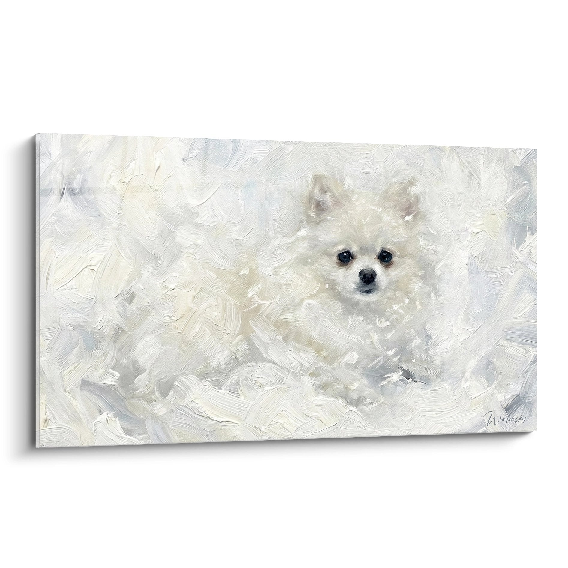 Tableau Spitz Poméranien blanc aux yeux noirs sur fond immaculé, peinture animalière tendre