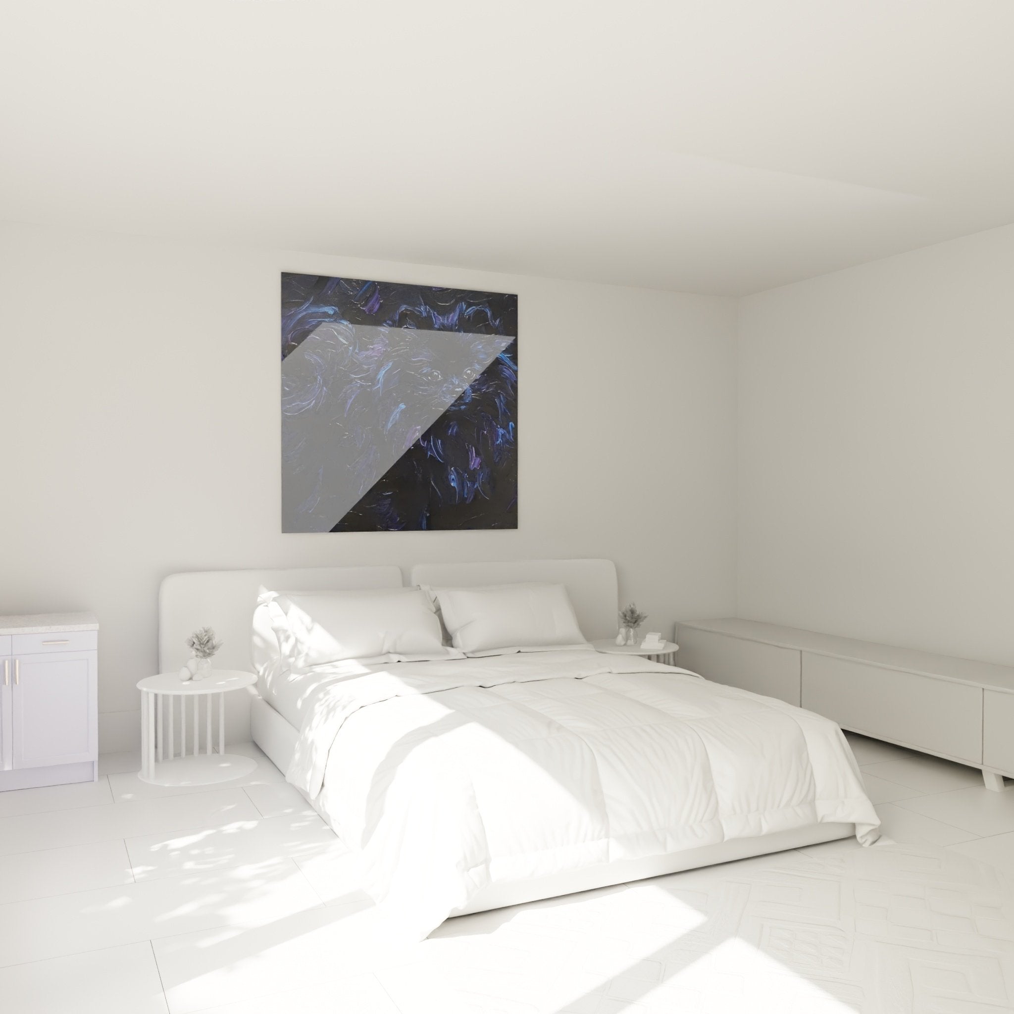 Tableau spitz pomeranien tons bleus violets décorant chambre ambiance apaisante art mural contemporain