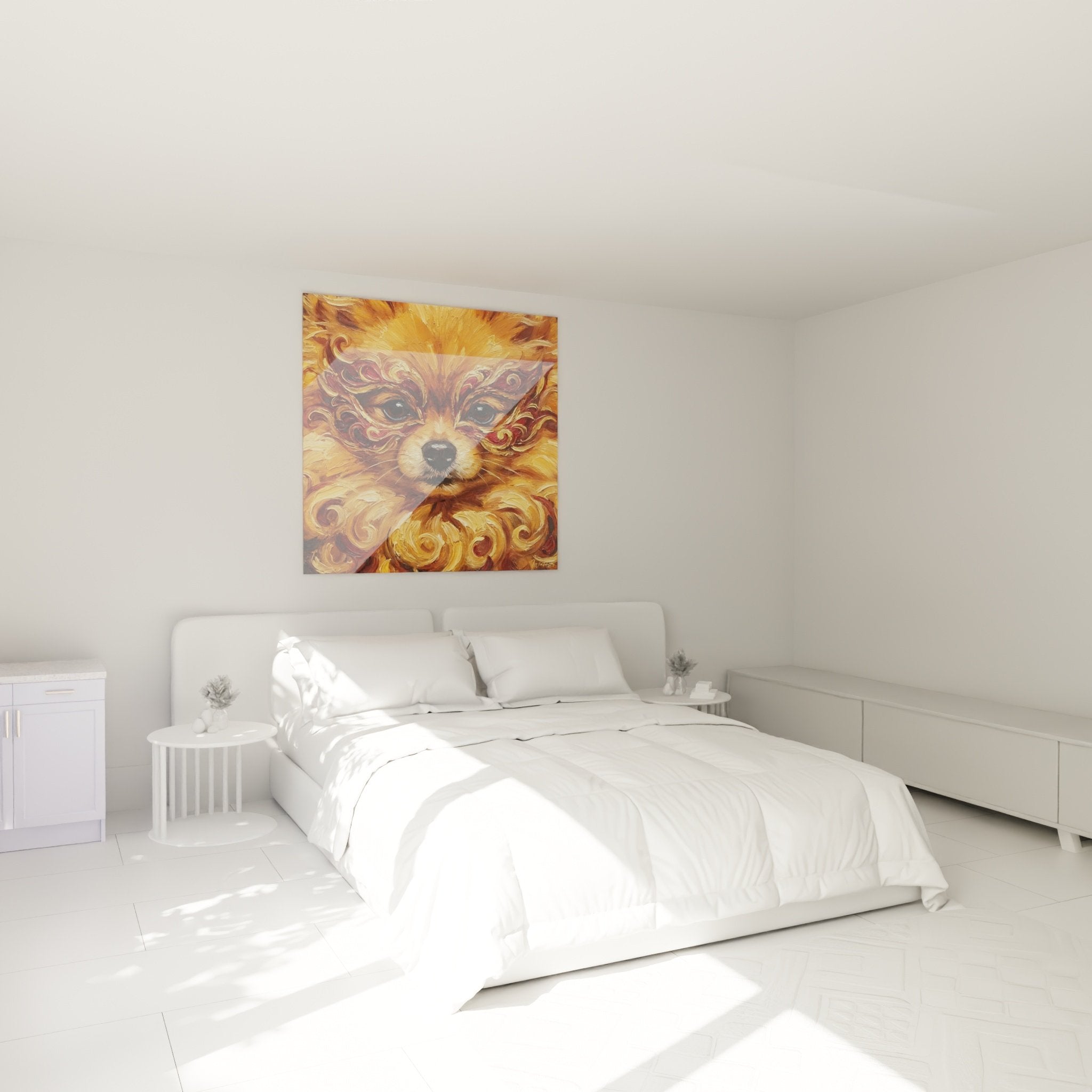 Tableau Spitz Pomeranien flammes dorees dans chambre murs clairs decoration chaleureuse art canin mural
