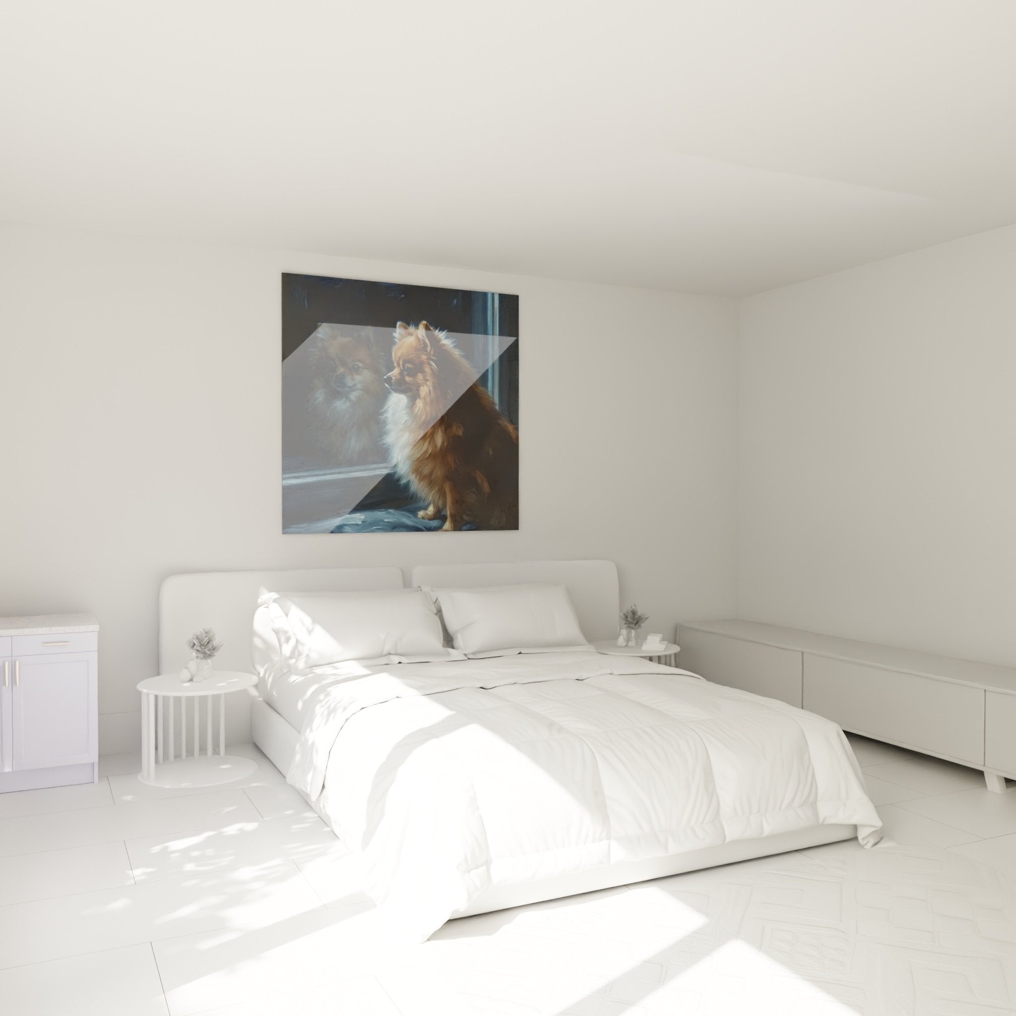 Tableau Spitz Pomeranien chambre decoration murale chien roux fenetre ambiance douce