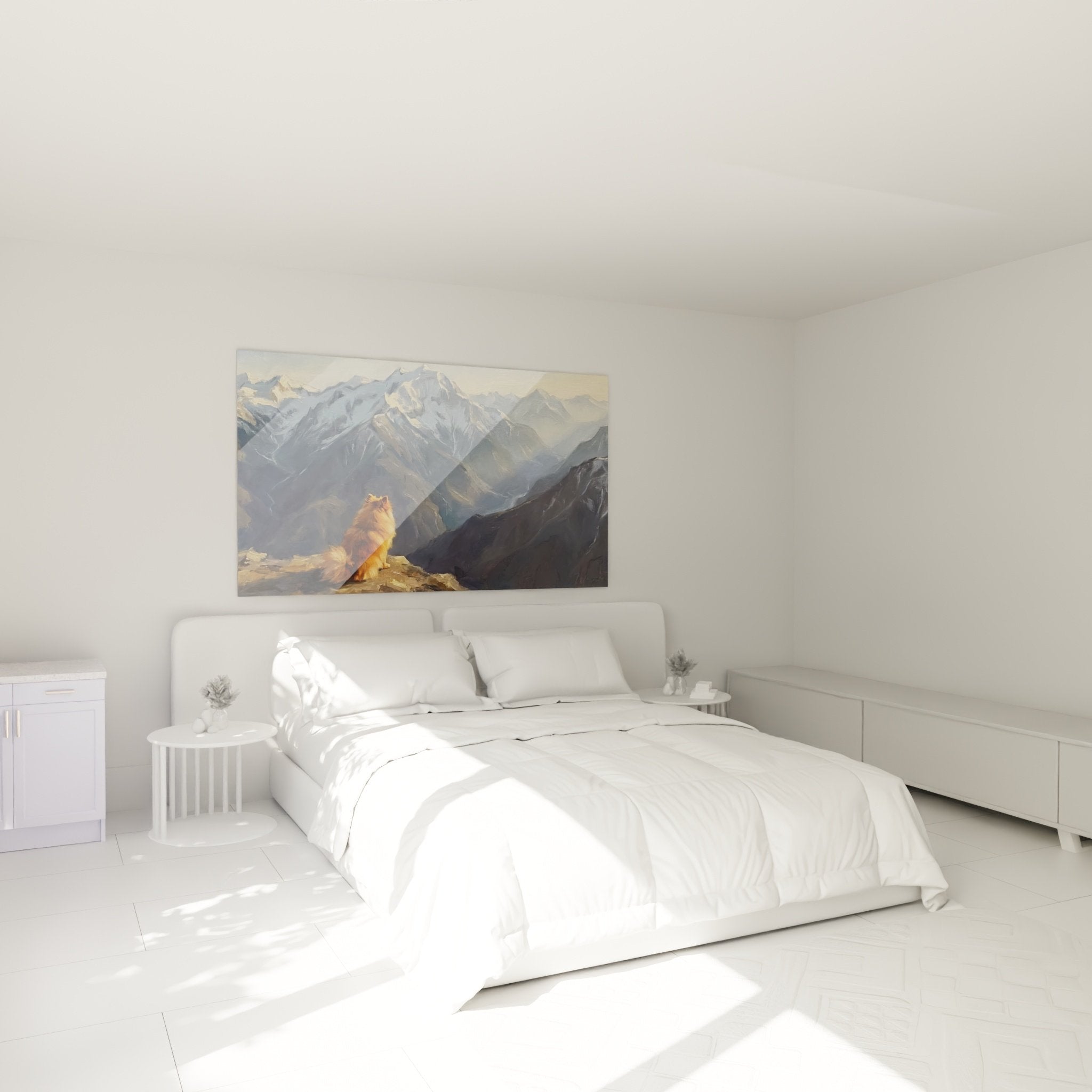 Tableau Spitz Pomeranien montagne decorant chambre ambiance apaisante tons dores bleus chambre coucher