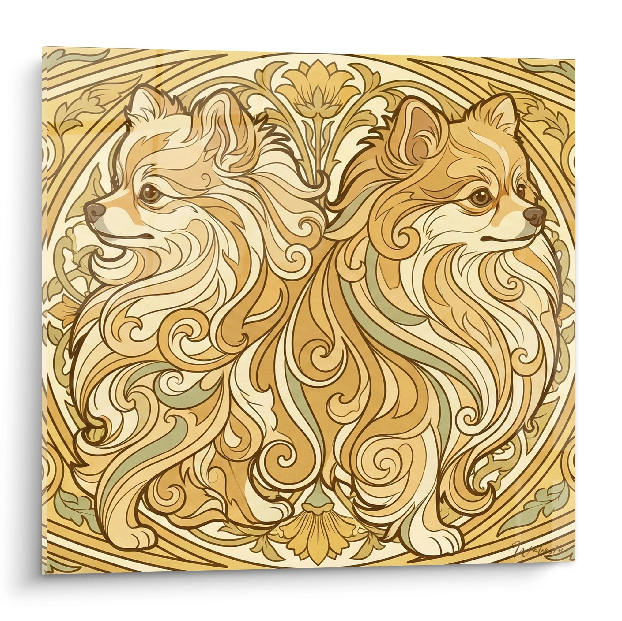 Tableau decoratif duo spitz pomeranien dore ornements baroques style classique