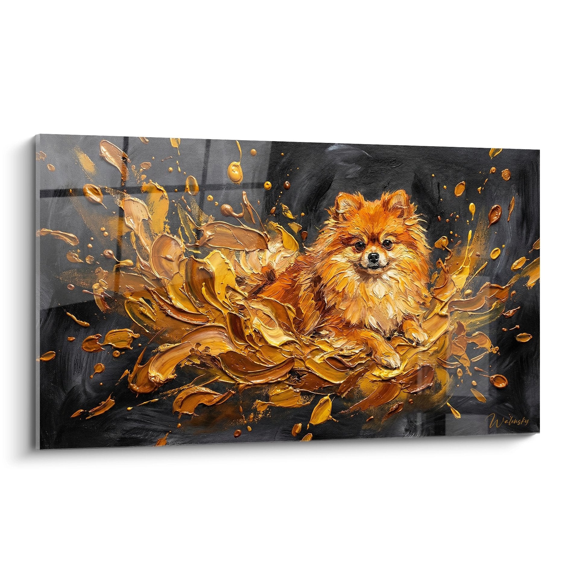 Tableau artistique Spitz Poméranien orange émergeant d'explosion de peinture dorée sur fond sombre