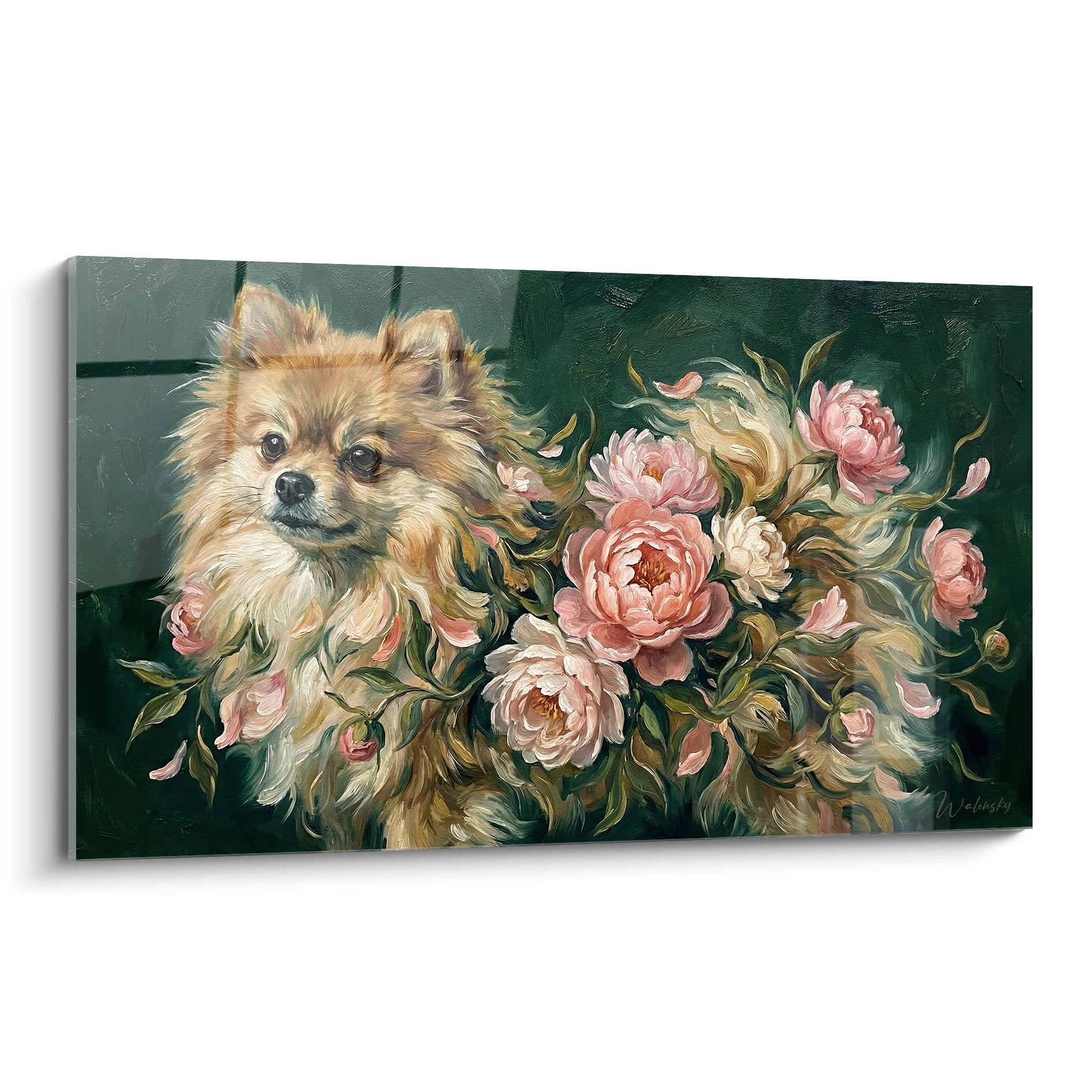 Tableau spitz pomeranien dore entoure pivoines roses fond vert emeraude style pictural delicat